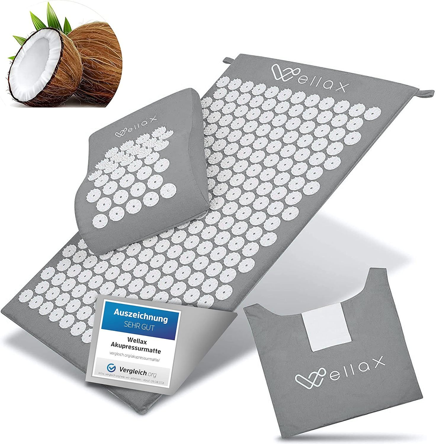 Wellax Akupressurmatte mit Kissen - Gefüllt mit 100% Kokosfaser (Mit Matte, Kissen und Tragetasche), - ideale Hautverträglichkeit, nachhaltig produziert - Grau