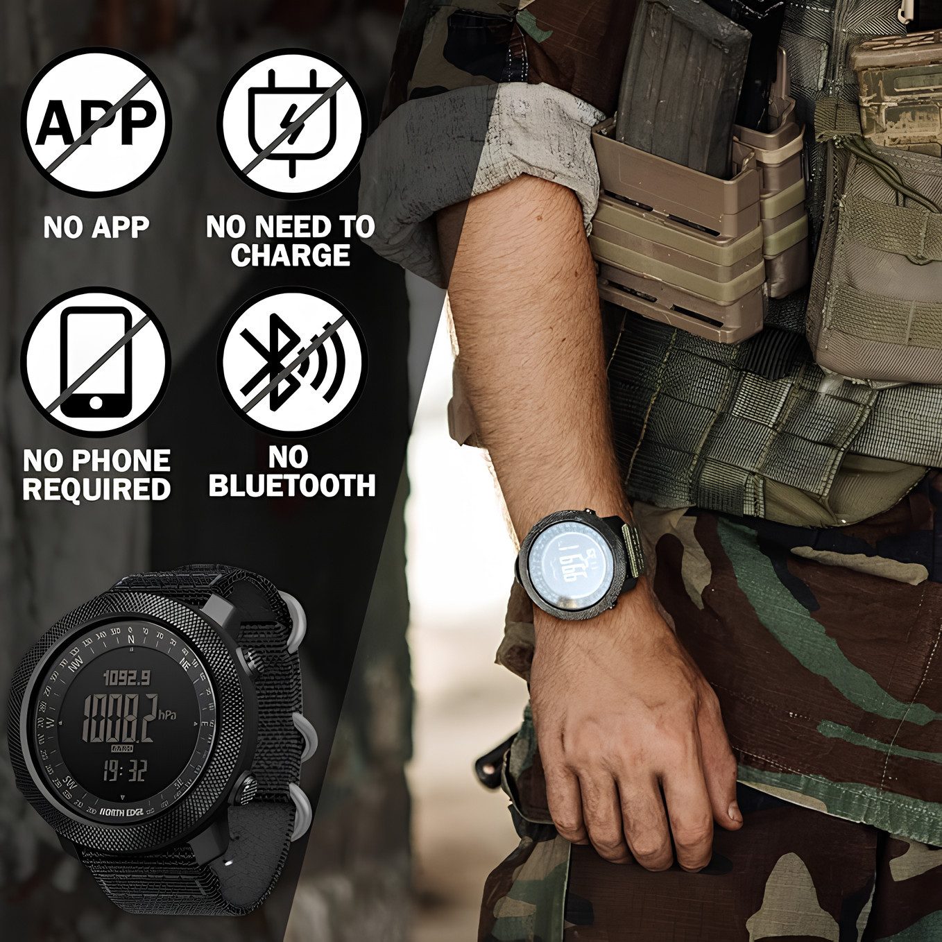 Athlix Digitaluhr APACHE-46 Digitale Sportuhr für Herren Militäruhr Sportuhr, 50m Wasserdicht, Kompass, Barometer, Temperatur