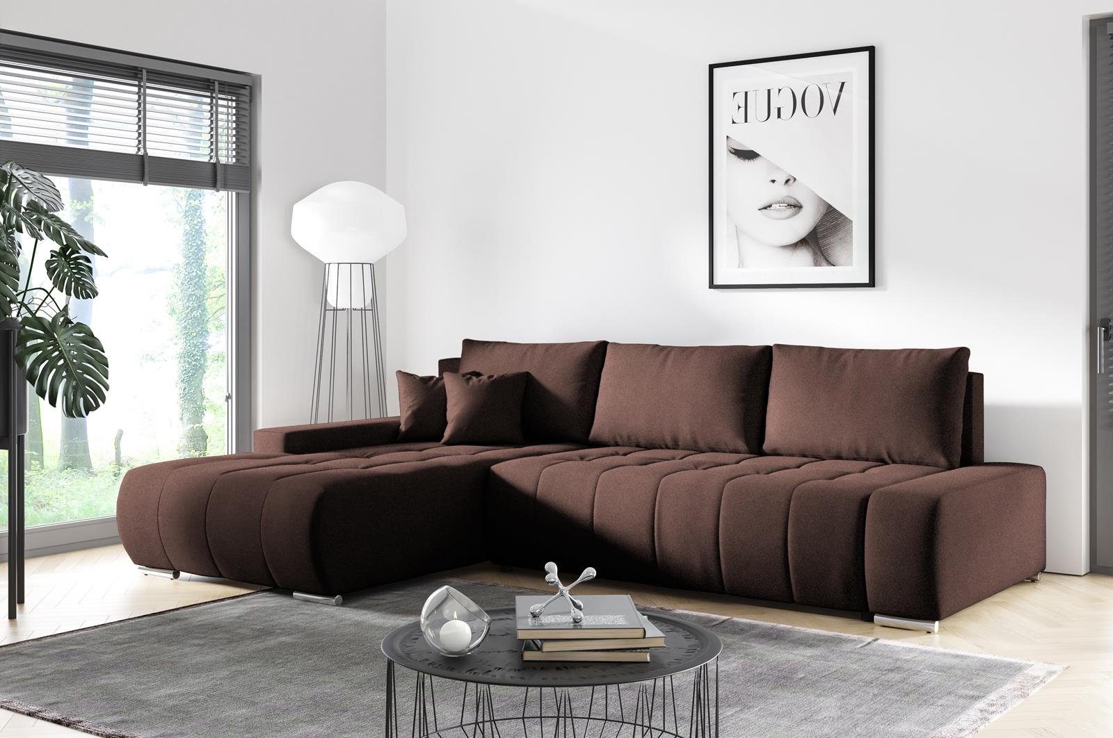 aus mit Ecksofa KLARA Velourstoff Ecksofa Schlaffunktion, Compleo Braun Steppung, L-Form mit