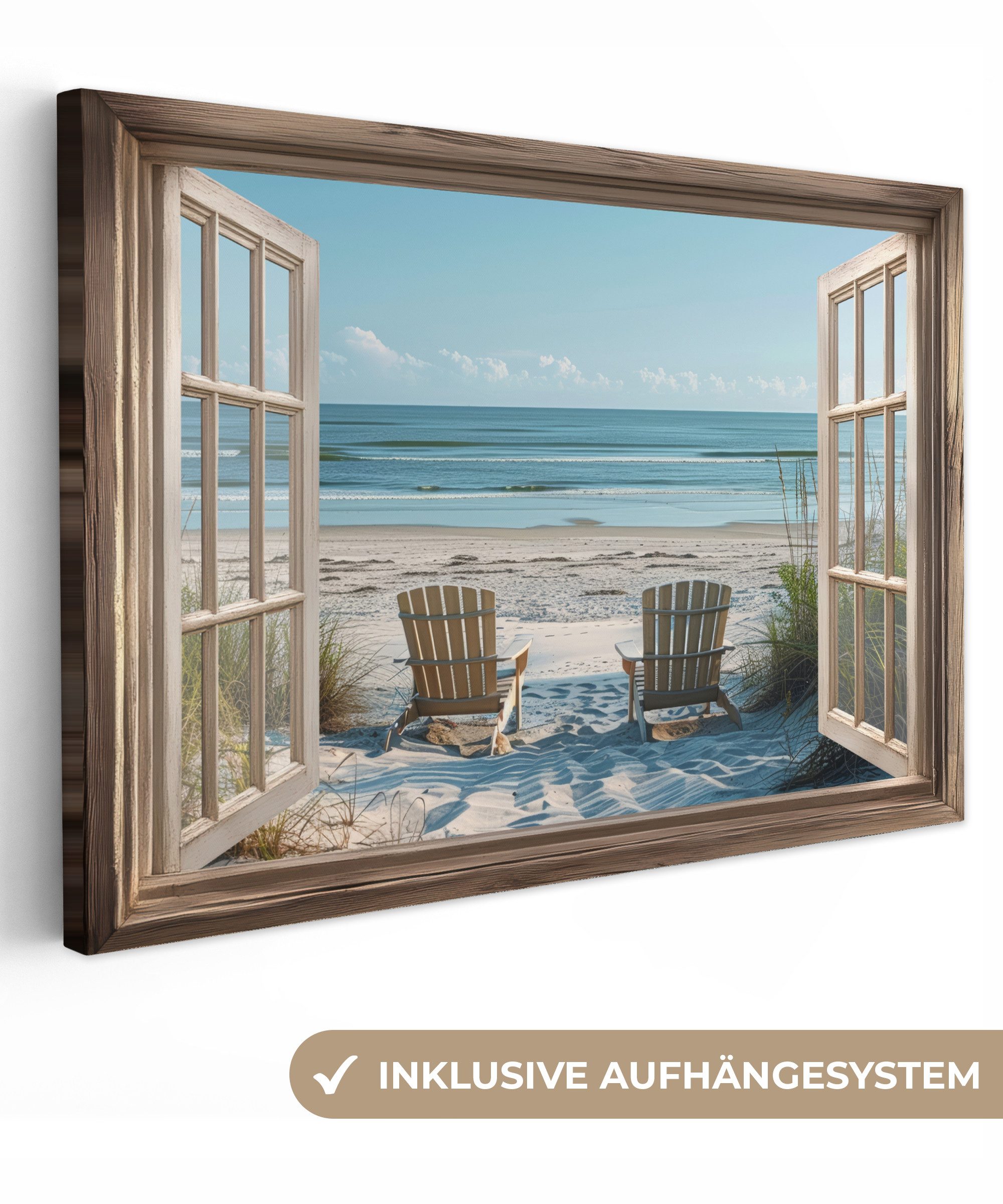 OneMillionCanvasses® Leinwandbild Fensterblick - Fenster - Strandkörbe - Dü günstig online kaufen