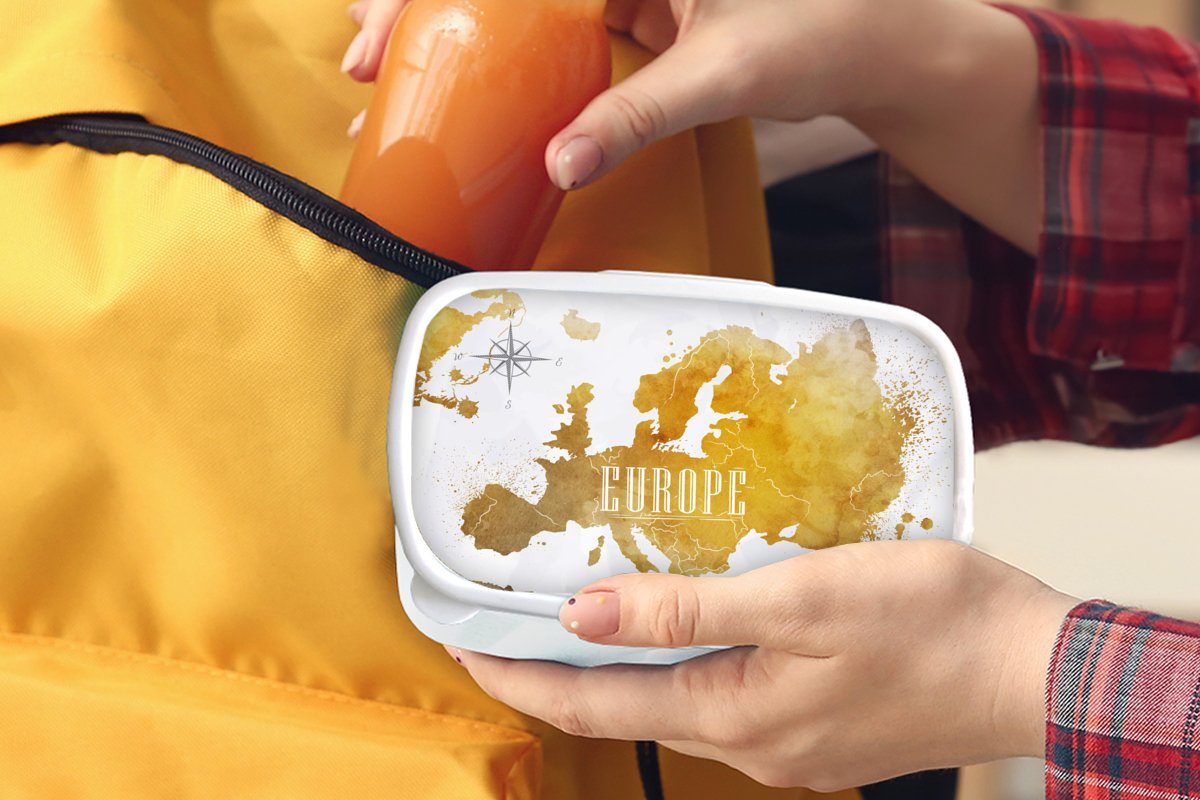 Brotbox Brotdose, weiß - Lunchbox Gold, für Mädchen Jungs Europa (2-tlg), - Kunststoff, Kinder MuchoWow Weltkarten und für und Erwachsene,