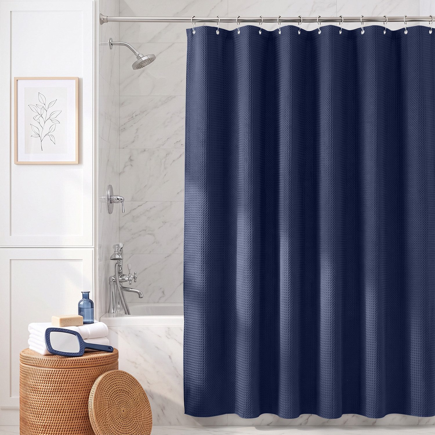 Sekey Duschvorhang Textil Duschvorhang Wannenvorhang Waschbar wasserabweisend mit Ringe Breite 180 cm (Packung, inkl. 12 Ringe), Badewannenvorh, 100% Polyester, Waffelstoff 180x200cm Dunkelblau