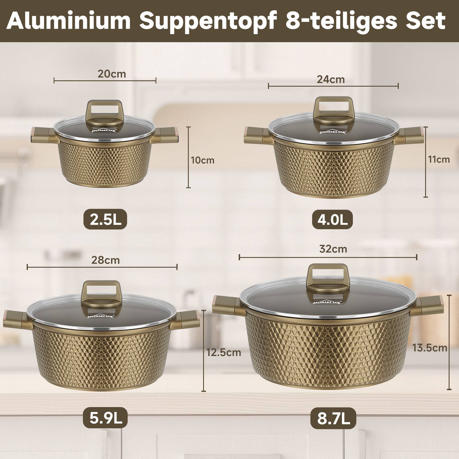 HOMELUX Topf-Set 8-tlg Kochtopf Set Induktions 20/24/28/32cm Töpfe Set mit Deckel, Aluminium (Kochtöpfe Induktions für Alle Herdarten), Induktion, Antihaft-beschichtung