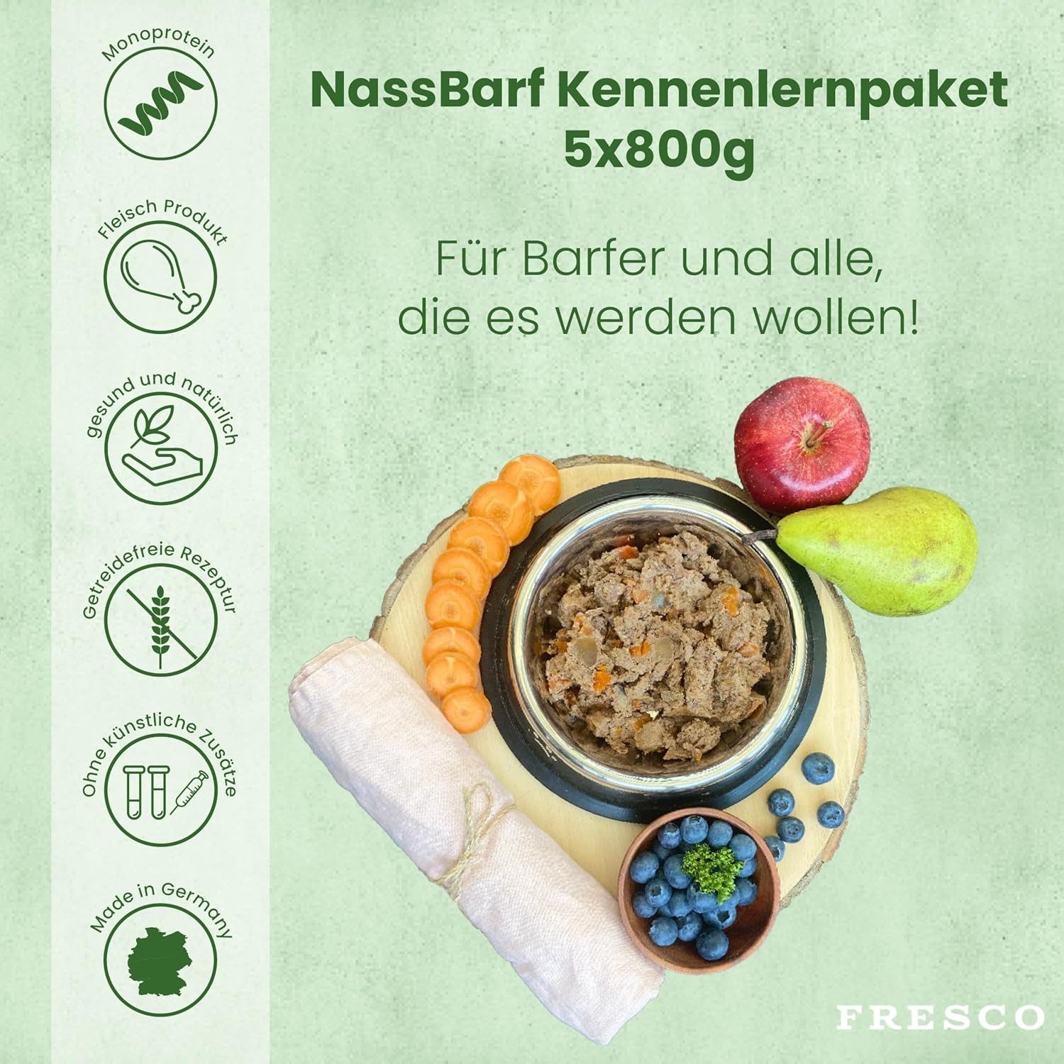 Fresco Dog NassBarf PROBIERPAKET Hundefutter Nass 5 x 400g, Nassfutter für: Hunde, Getreidefrei mit Huhn, Rind, Pferd, Lamm & Pute