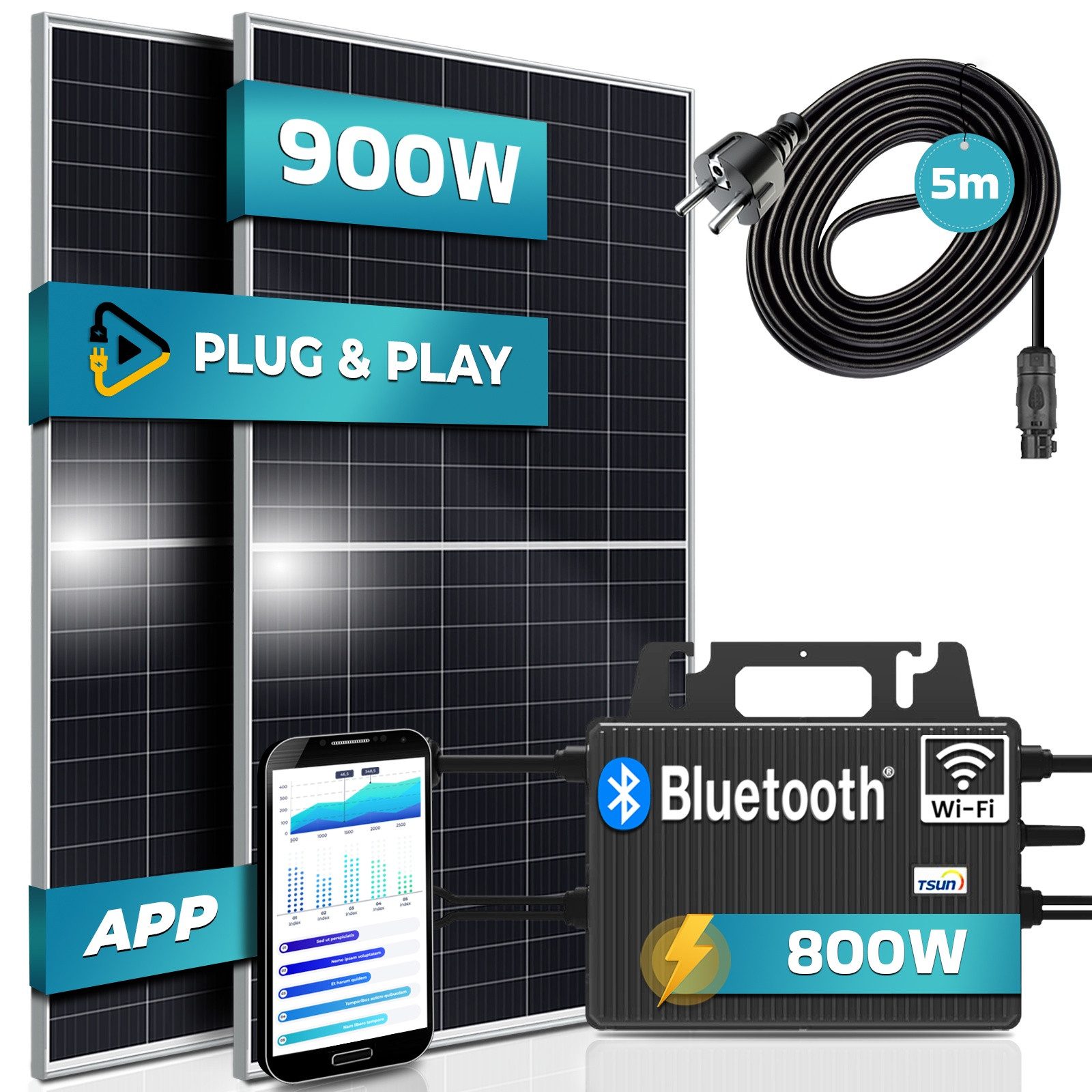Thumbnail - SUNNIVA Balkonkraftwerk 900W/800W komplett Steckdose, (TSUN 800W Wechselrichter - PV Solaranlage Komplettset - 2x 450W S...
