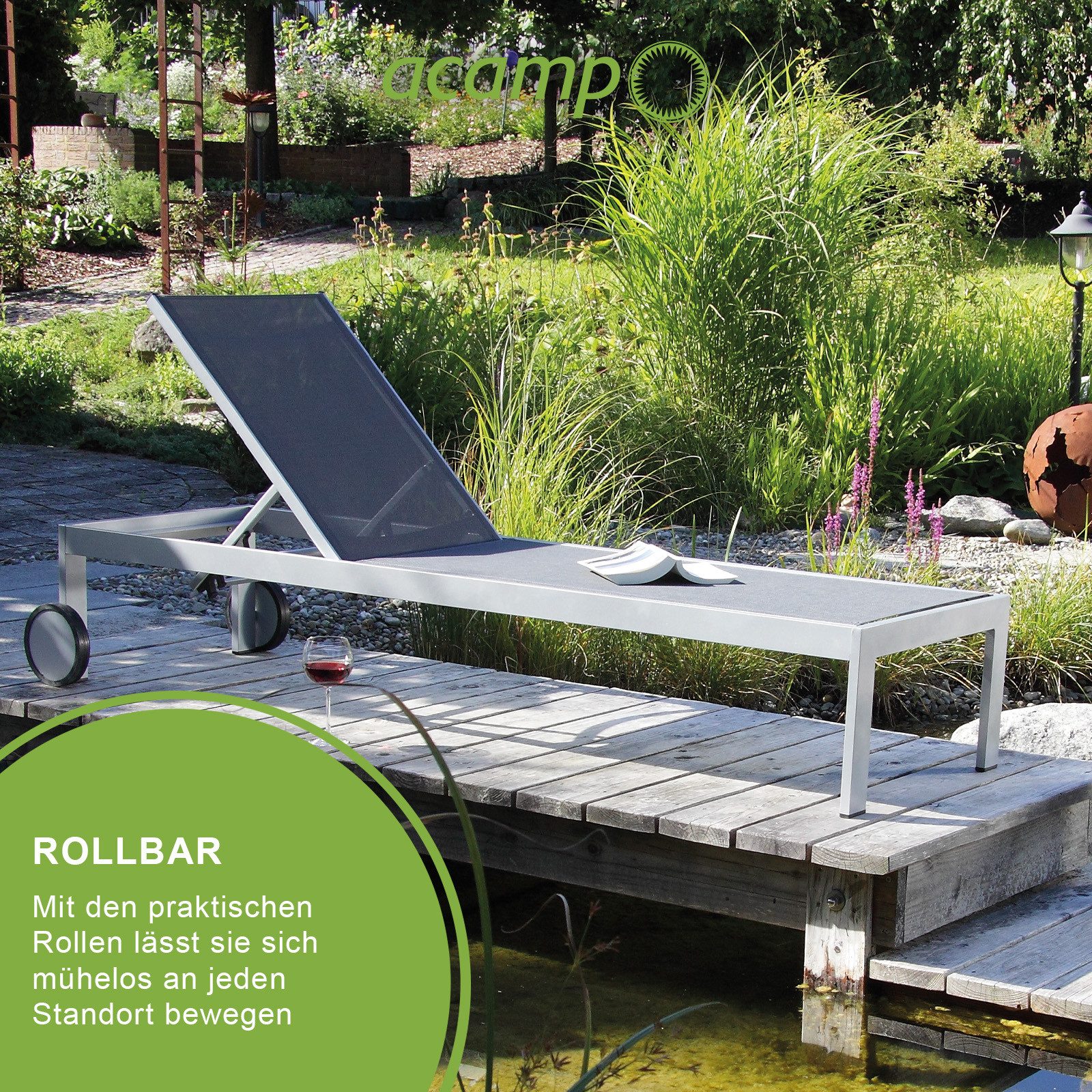 acamp Gartenliege Sonnenliege Rimini Anthrazit, Verstellbare Rückenlehne, Wetterfest