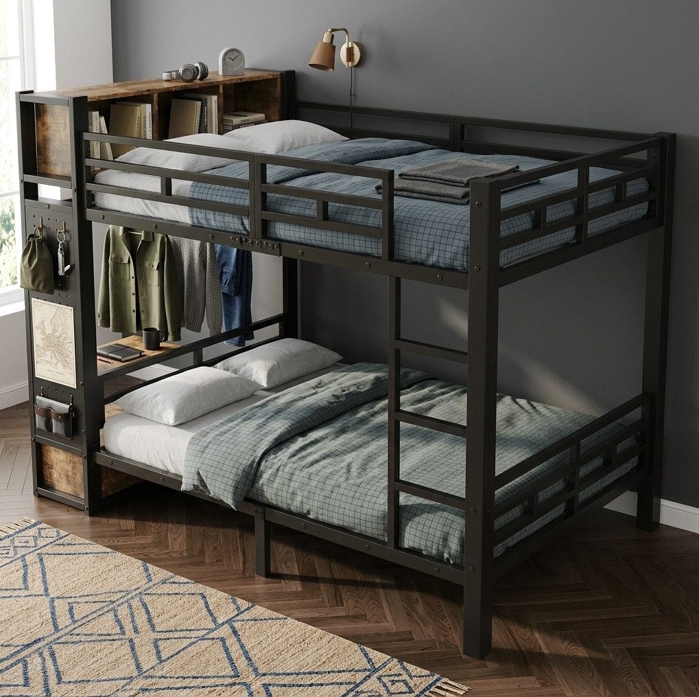 REDOM Etagenbett Kinderbett mit integriertem Aufbewahrungssystem, Metallbett (120x200 cm Funktionsbett, Kleiderbügelstange, Schublade, Ablageflächen und praktischer Lochwand, Jugendbett Stauraumbett), ohne Matratze
