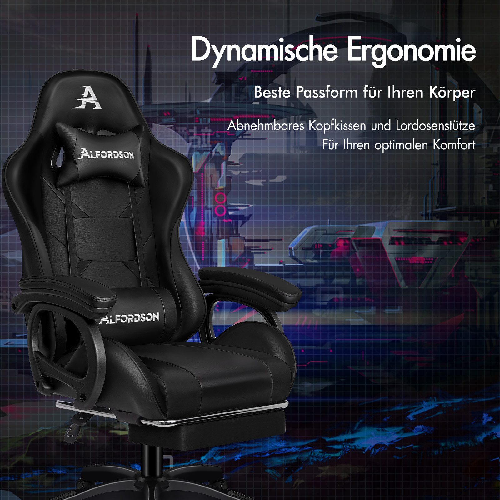 ALFORDSON Gaming-Stuhl mit Massage, verstellbar, PU-Leder, Schwarz