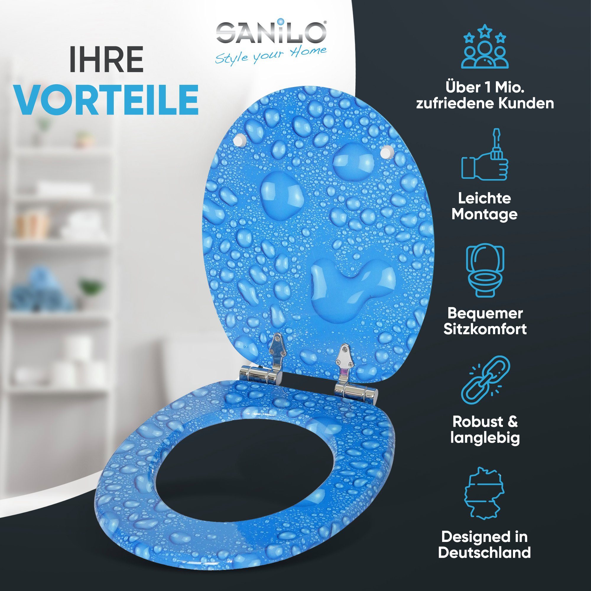 Sanilo WC-Sitz Tautropfen Blau mit Absenkautomatik, Toilettendeckel vom Hersteller, hochwertig & moderner Klodeckel mit Motiv, universell, leichte Montage