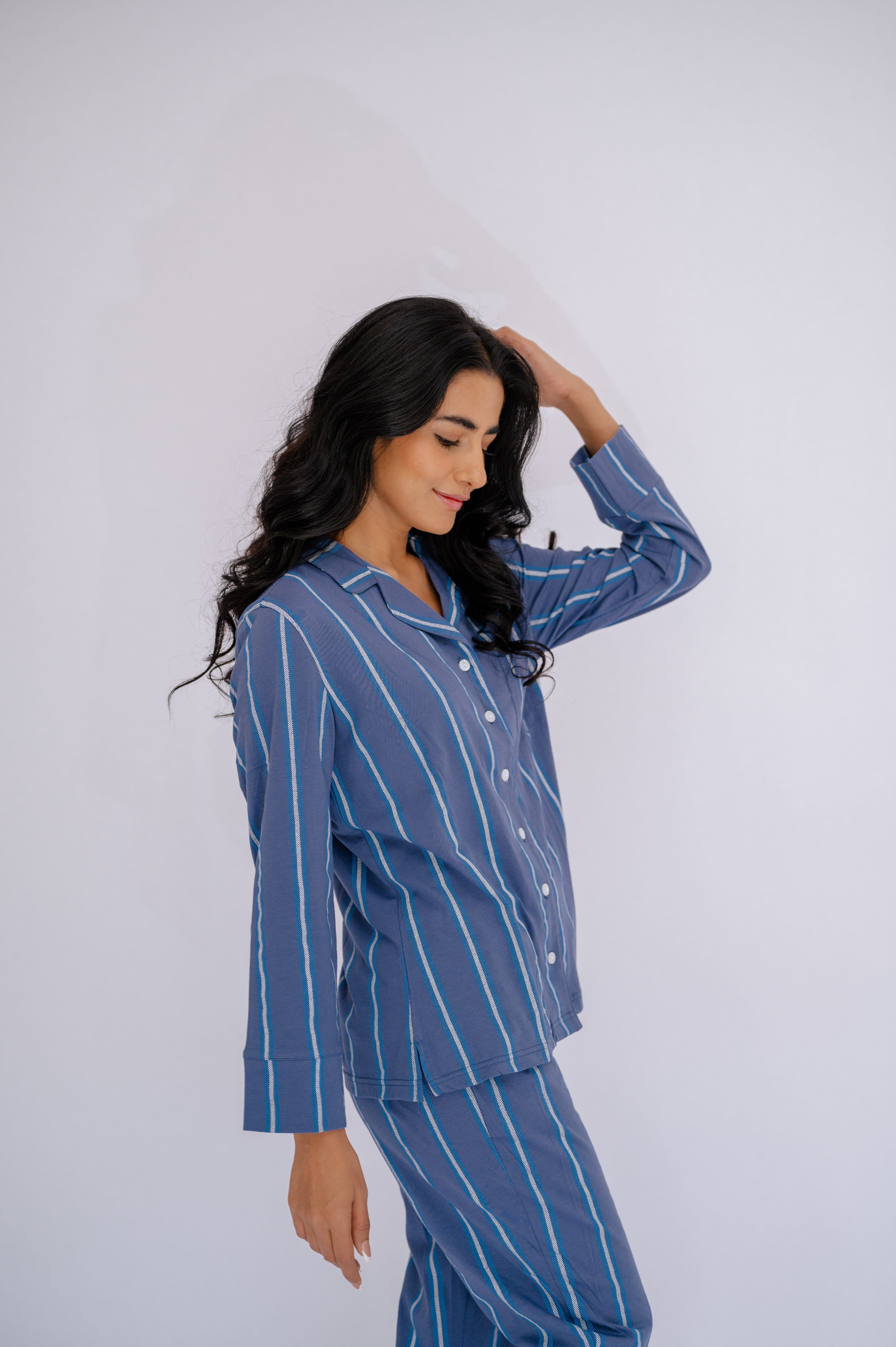 SNOOZE OFF Pyjama langarm Schlafanzug im Streifendesign (2 tlg., 1 Stück) mit Reverskragen