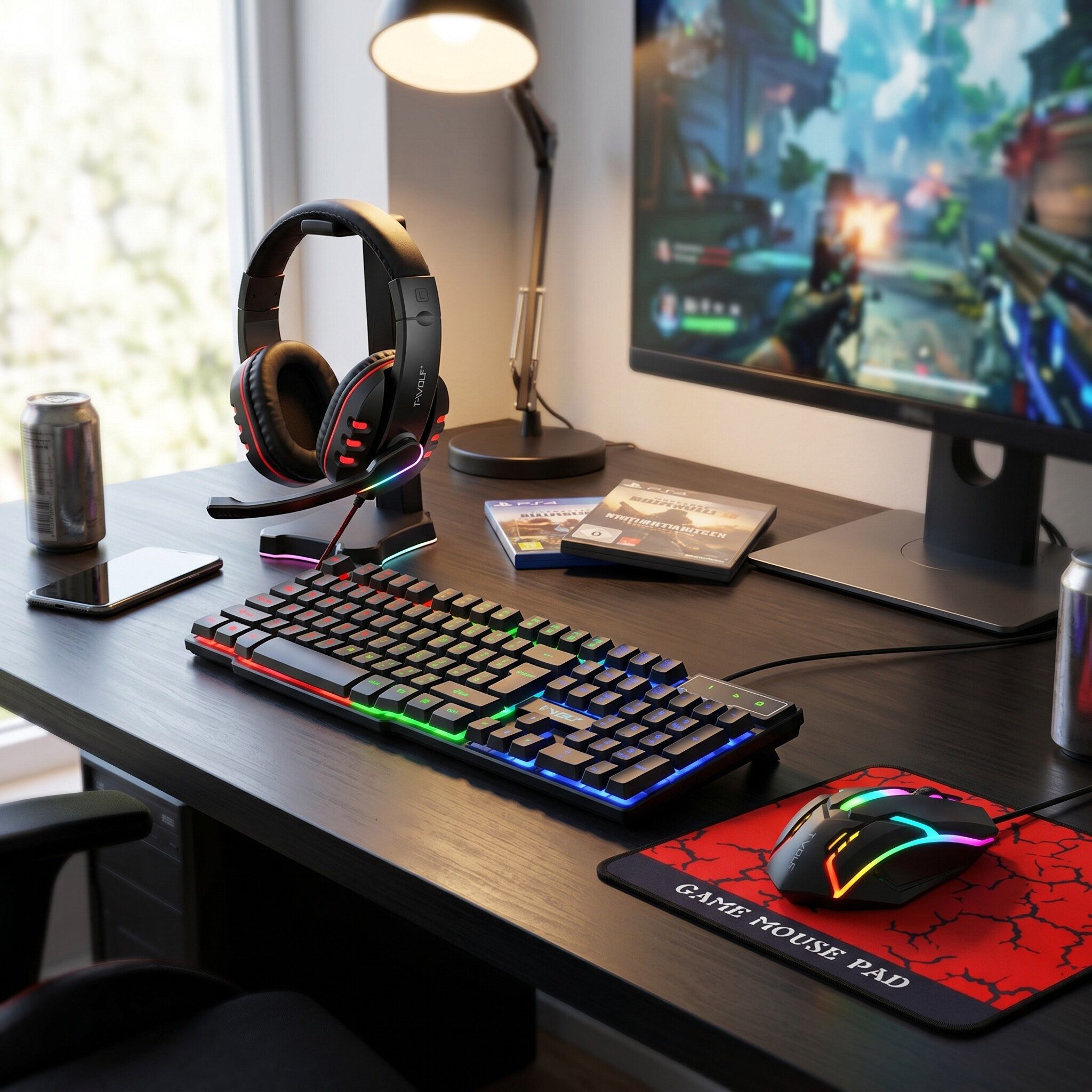 GARRYFIZH Gaming-Tastatur + kabelgebundene Maus + Gaming-Headset + Mauspad Tastatur-, Maus- und Mauspad-Set, (TF800), Farbige Hintergrundbeleuchtung Einstellbares Mikrofon