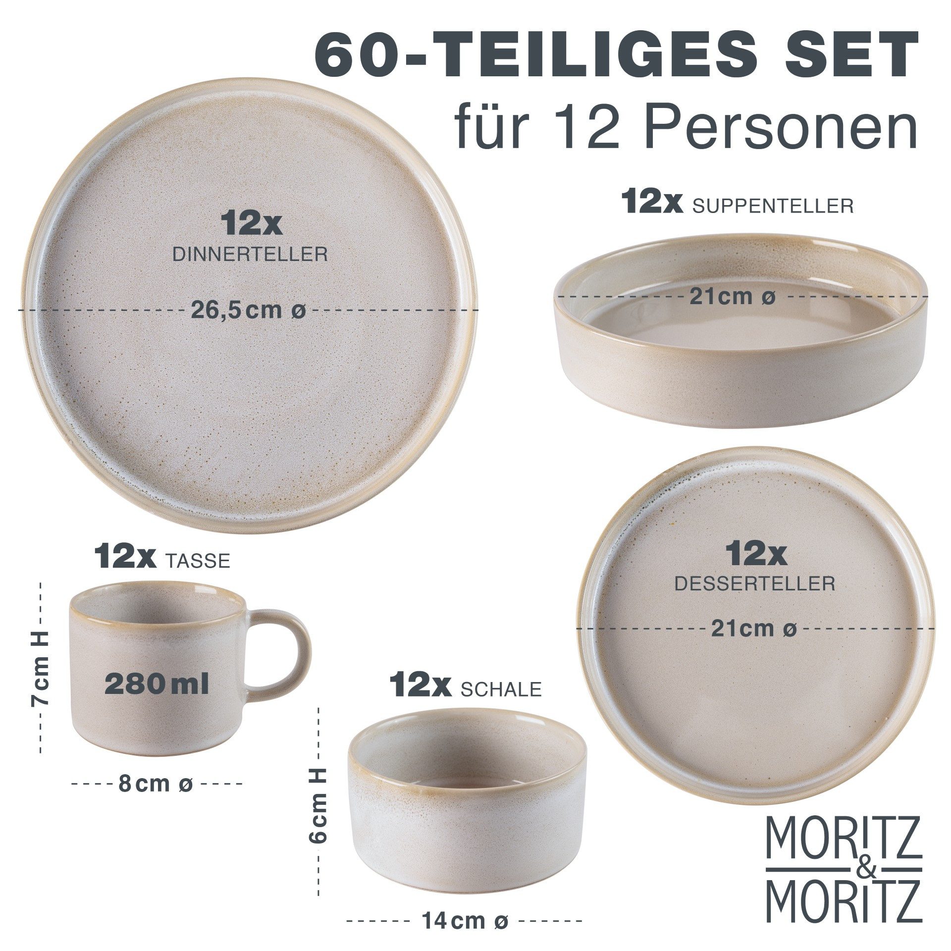 Moritz & Moritz Kombiservice CASTELLO Geschirrset 60 tlg. (60-tlg), 12 Personen, Steinzeug, Kombigeschirr für 12 Personen