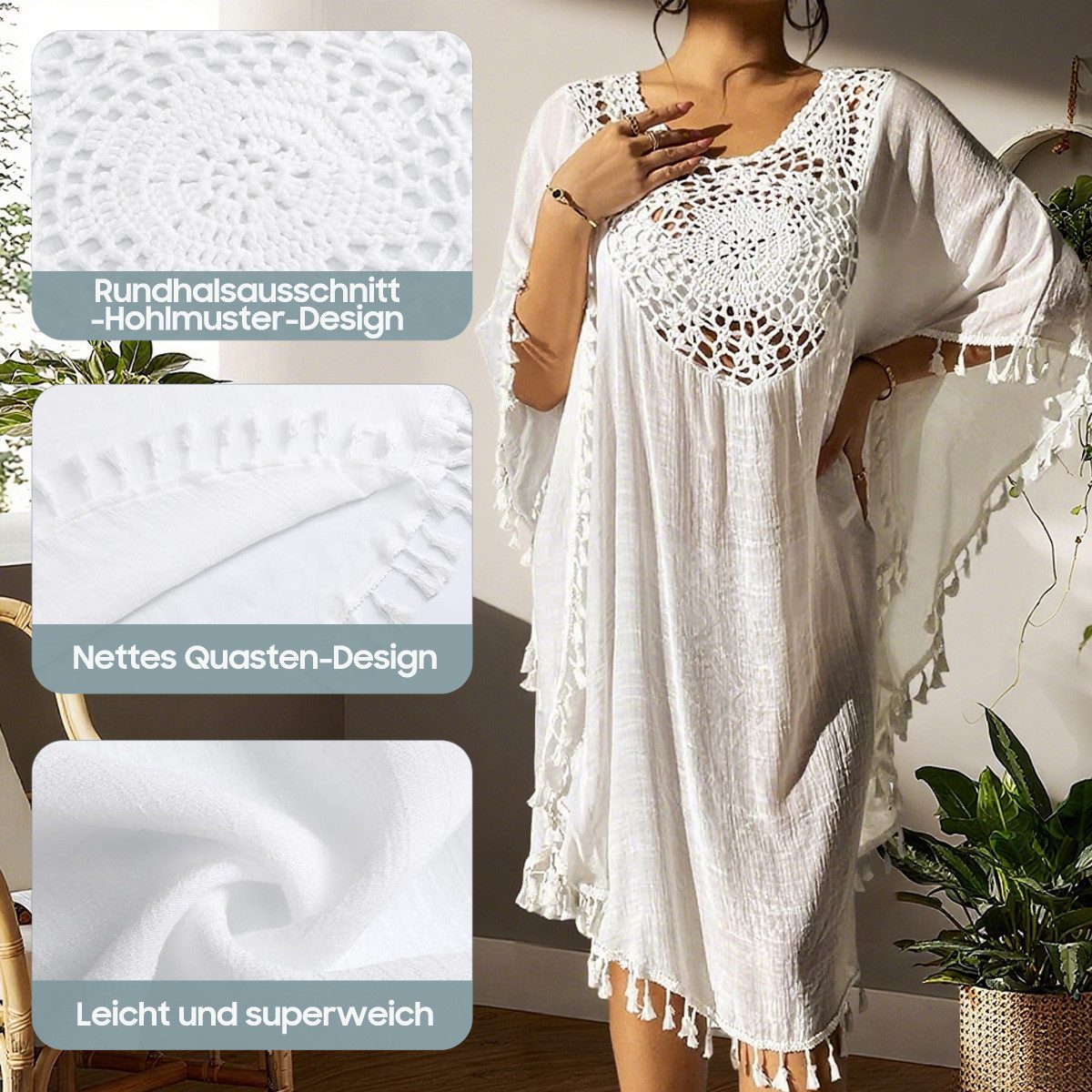 MOPUEA Strandkleid Damen Bikini Cover Up Strand-Tunika mit Fransen Strandbekleidung (Set, 1-tlg., Ideal für viele Anlässe im Sommer) Elegantes Häkel- und Fransen-Design