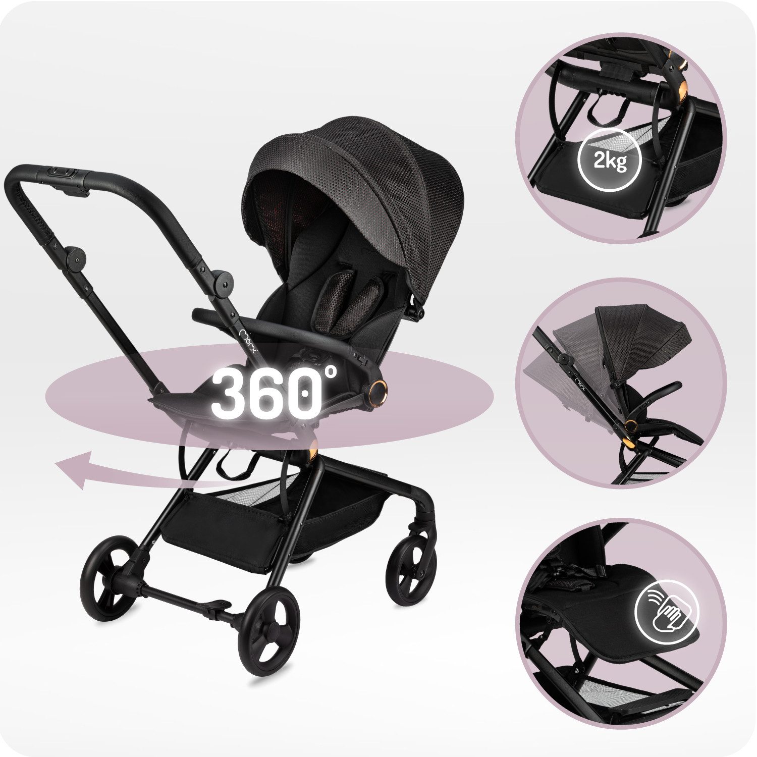 MoMi Kinder-Buggy Adelle, 360° drehbarer Sitz & beidseitige Fahrtrichtung