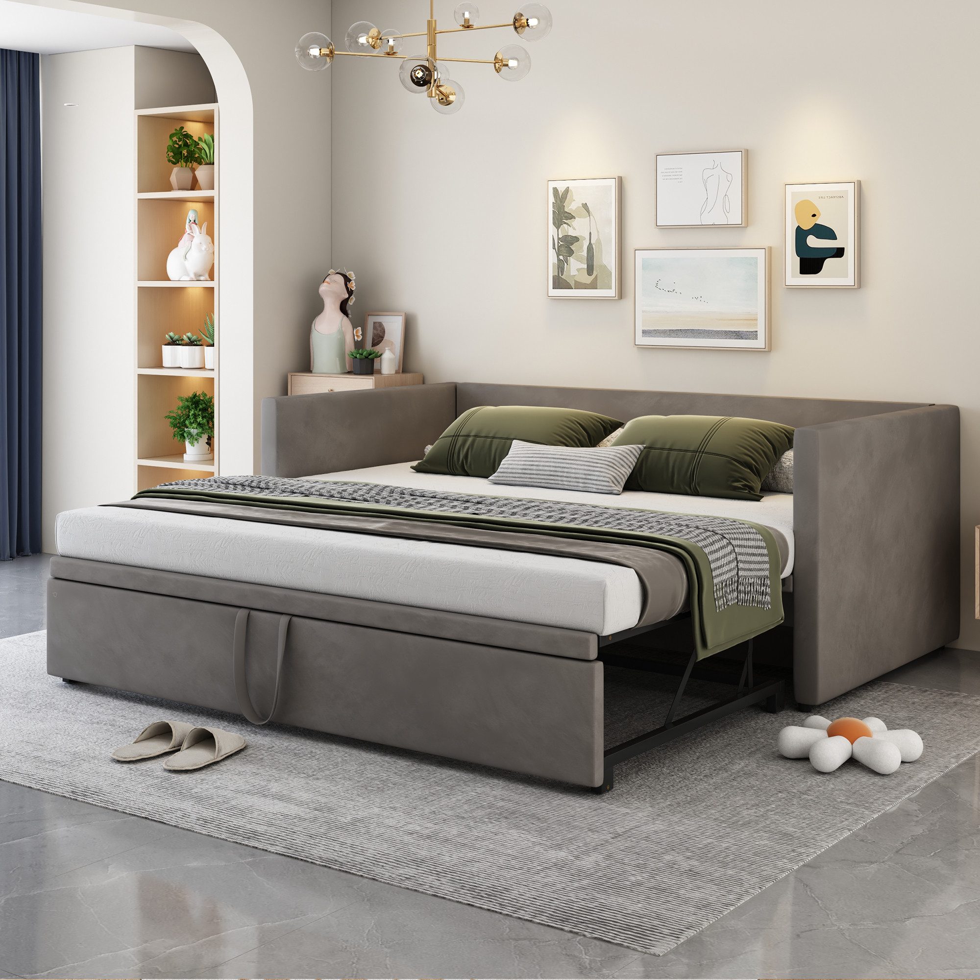 MODFU Bett Polsterbett 90/180x200 cm aus hautfreundlichem Samt (Ausziehbar mit Lattenrost, Multifunktionales Kinderbett Funktionsbett), ohne Matratze