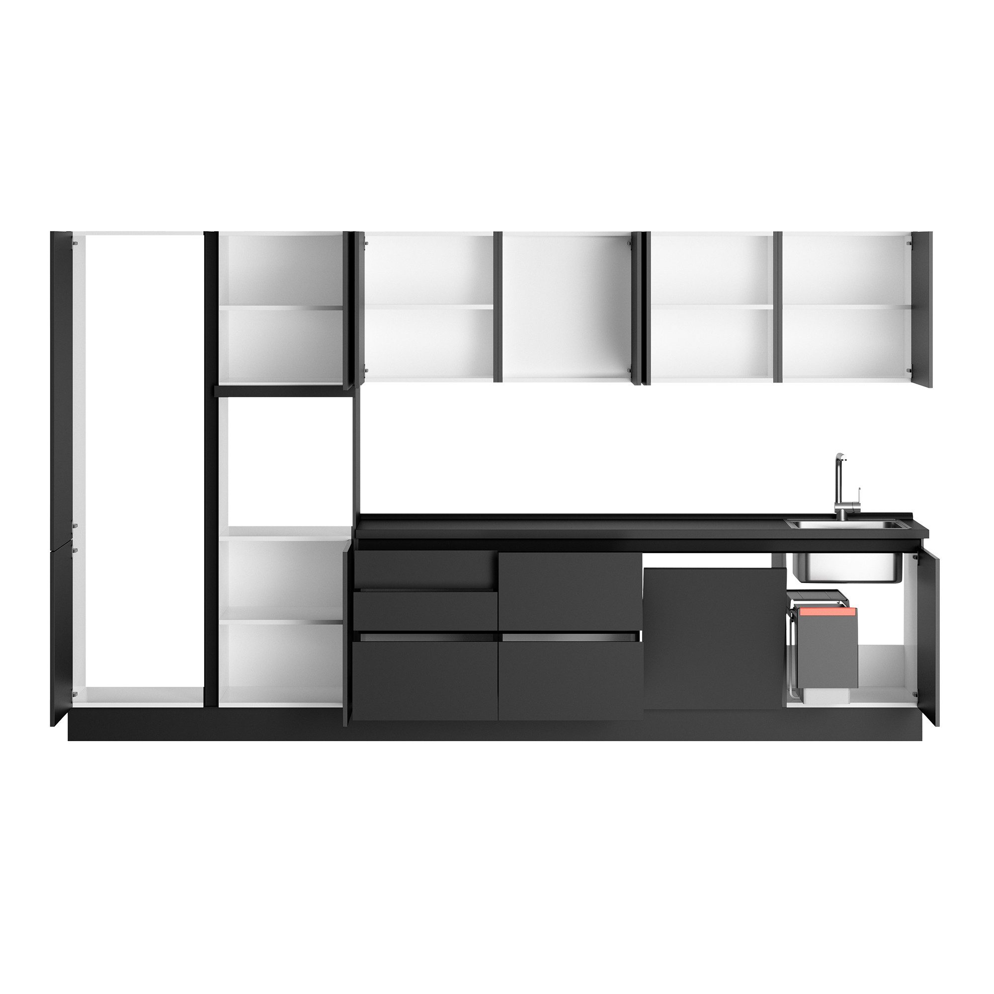 ROCTOR Küchenzeile RT7003 Perfect Soft Schwarz - 360 cm Breite, Vormontiert, Ohne E-Geräte, Korpus Made in Germany