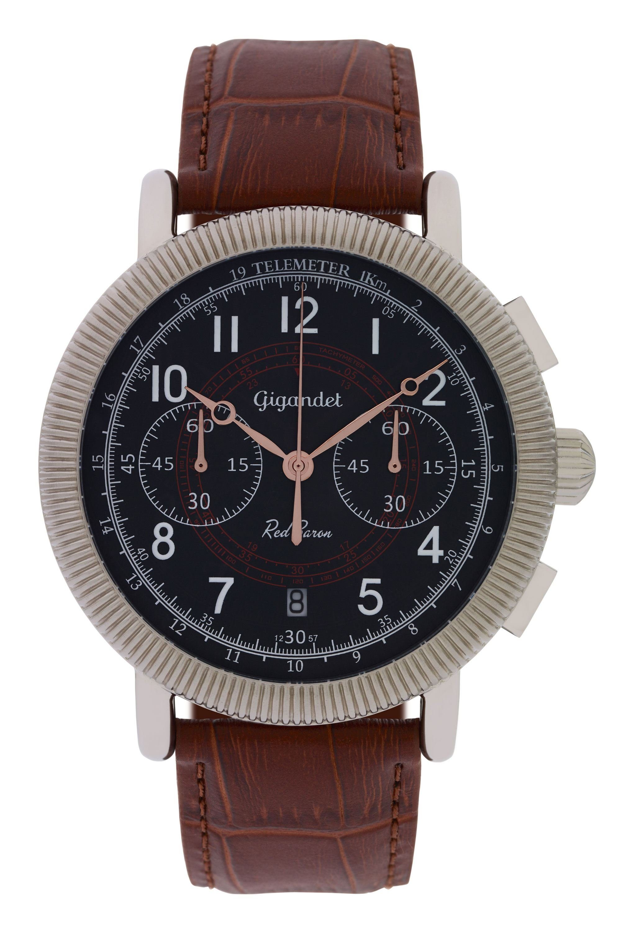 Gigandet Chronograph Armbanduhr, Herrenuhr, Fliegeruhr, 46mm, RED BARON IV G19-003 G19-003, Mineralglas, Datumsanzeige, Lederband, 10bar/100m wasserdicht