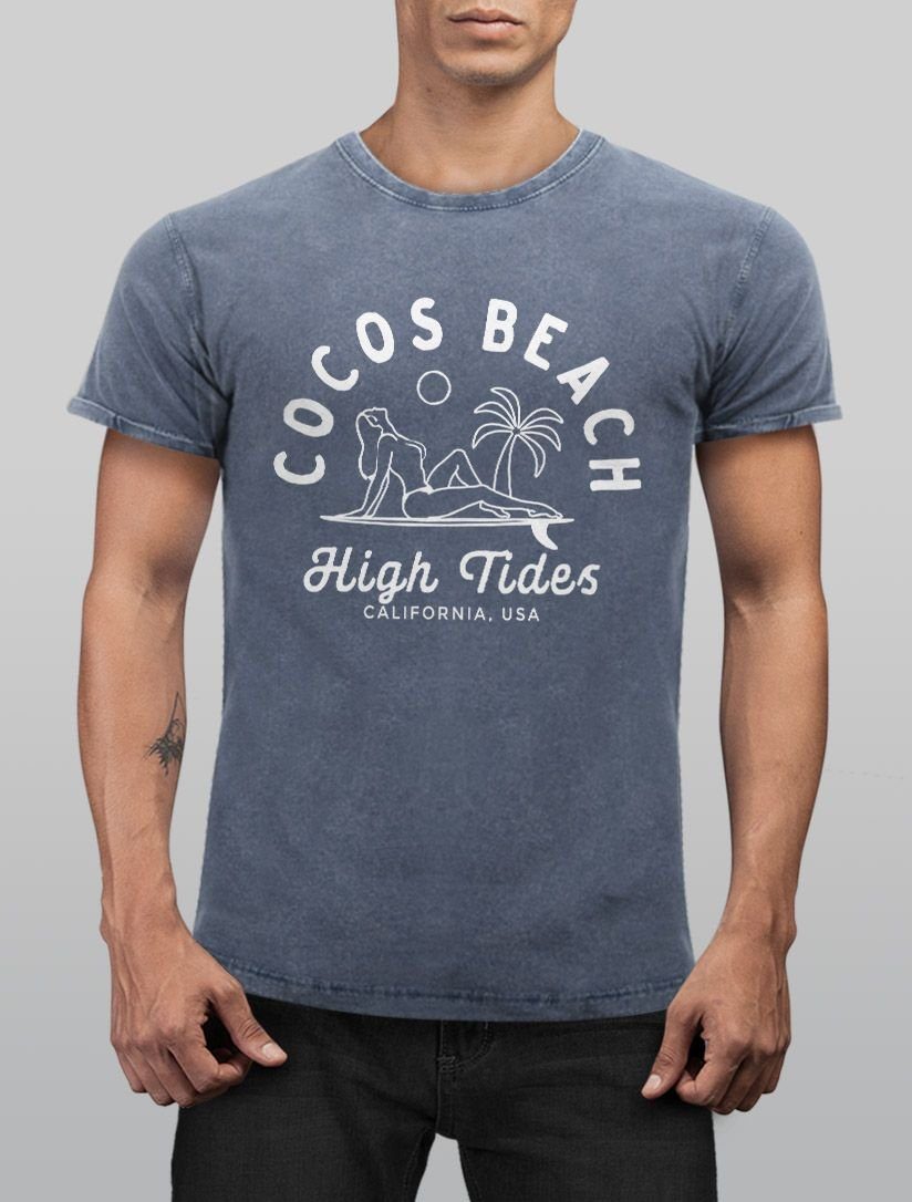 Neverless® Look Neverless Art Print-Shirt Vintage Line Slim mit Aufdruck Angesagtes Cocos Cooles Shirt Used Outline Print blau Herren Fit Beach T-Shirt