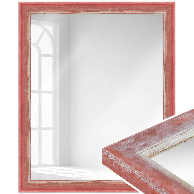 WANDStyle Wandspiegel H640, Rot, aus Massivholz im Shabby Chic Stil