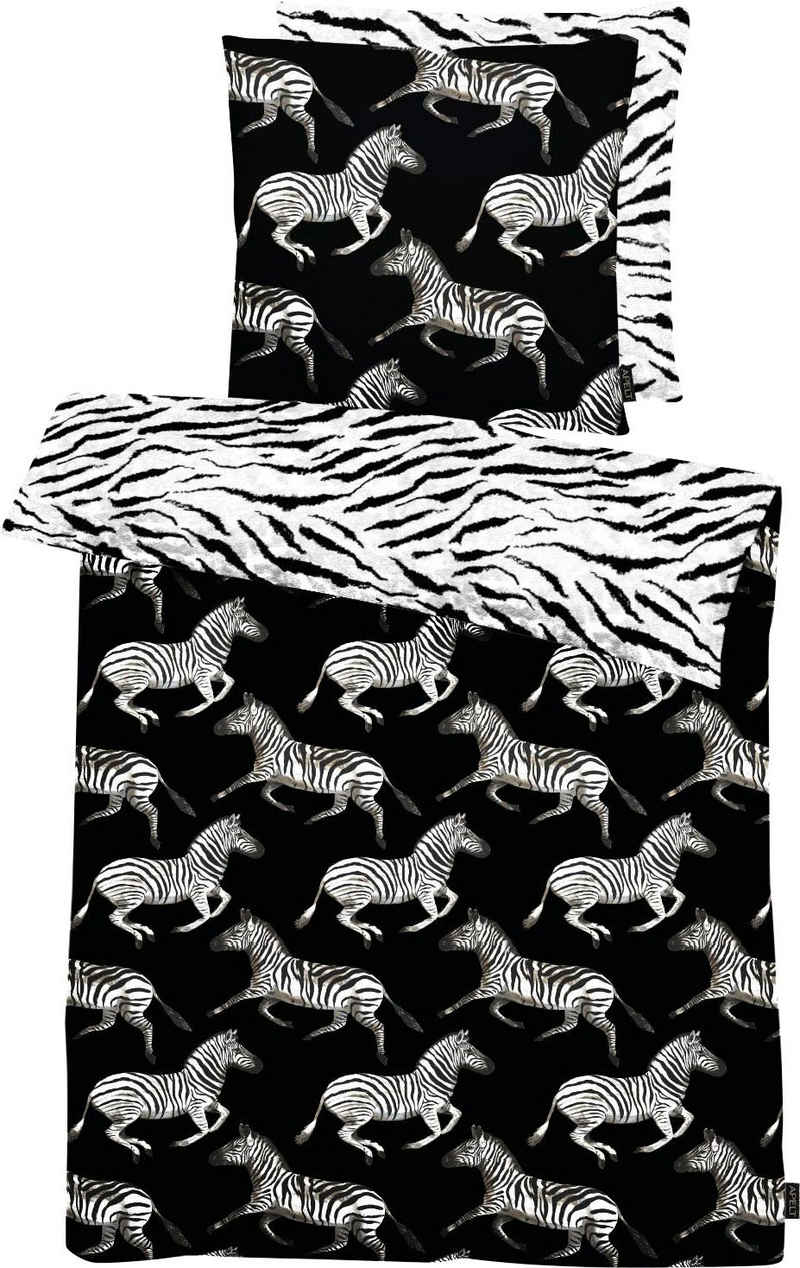 Wendebettwäsche Theo, APELT, Mako-Satin, 2 teilig, Kunstvoll gemalte Zebras und auf der Rückseite im Zebramuster