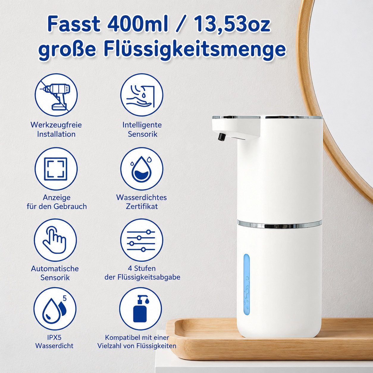 ARCASA Seifenspender Seifenspender Automatischer Schaumseifenspender 400ml USB-C Sensor, (Schaumseifenspender Set kontaktlos mit Klebepad und Akku für innen, Se – Bild 5 von 5