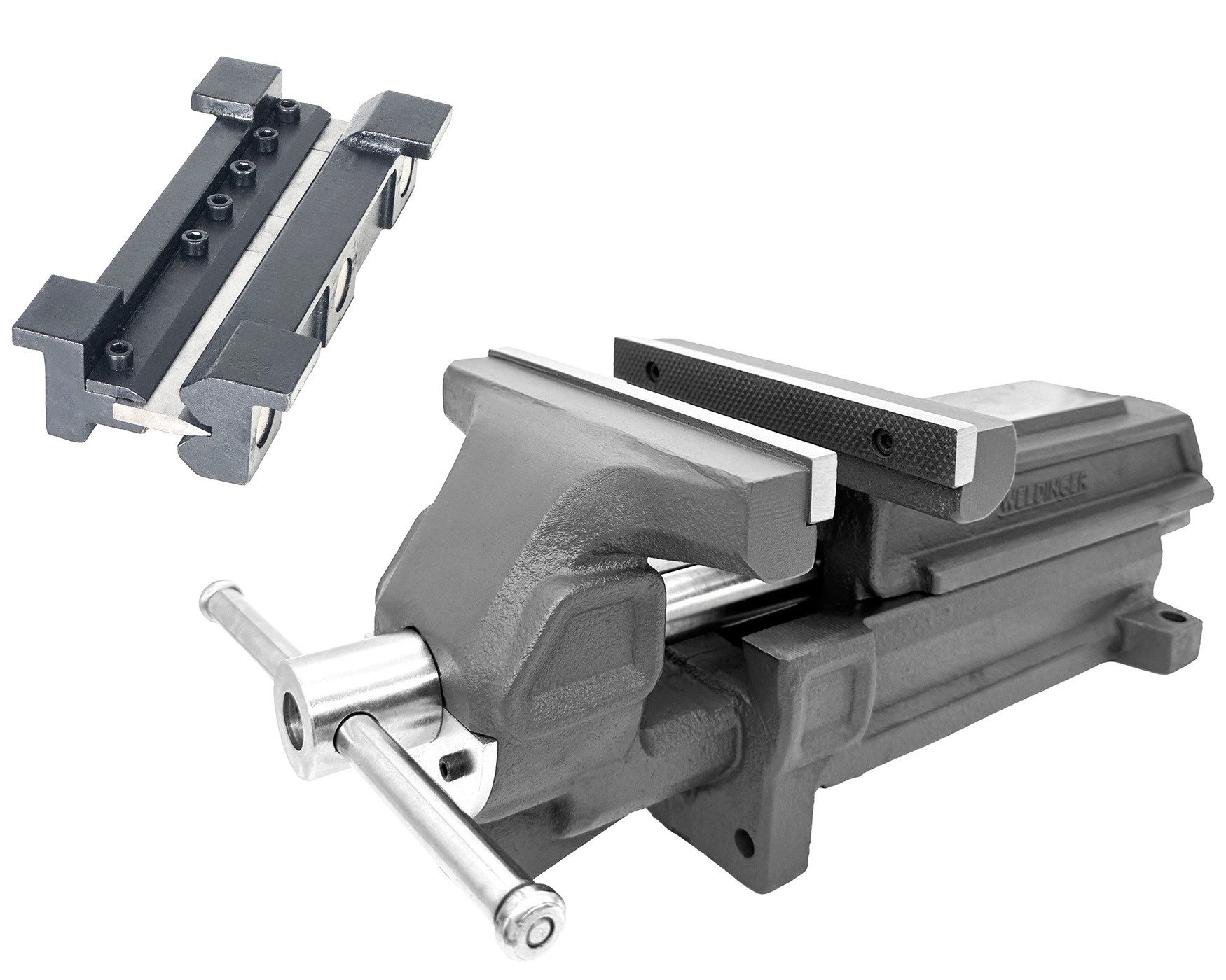 WELDINGER Schraubstock Schraubstock professional 200 mm Set mit magnetischen Abkantbacken #1, Set, Set mit magnetischen Abkantbacken für die Blechbearbeitung, 200 mm, geriffelte Backeninnenseite, Spannbacken abschraubbar
