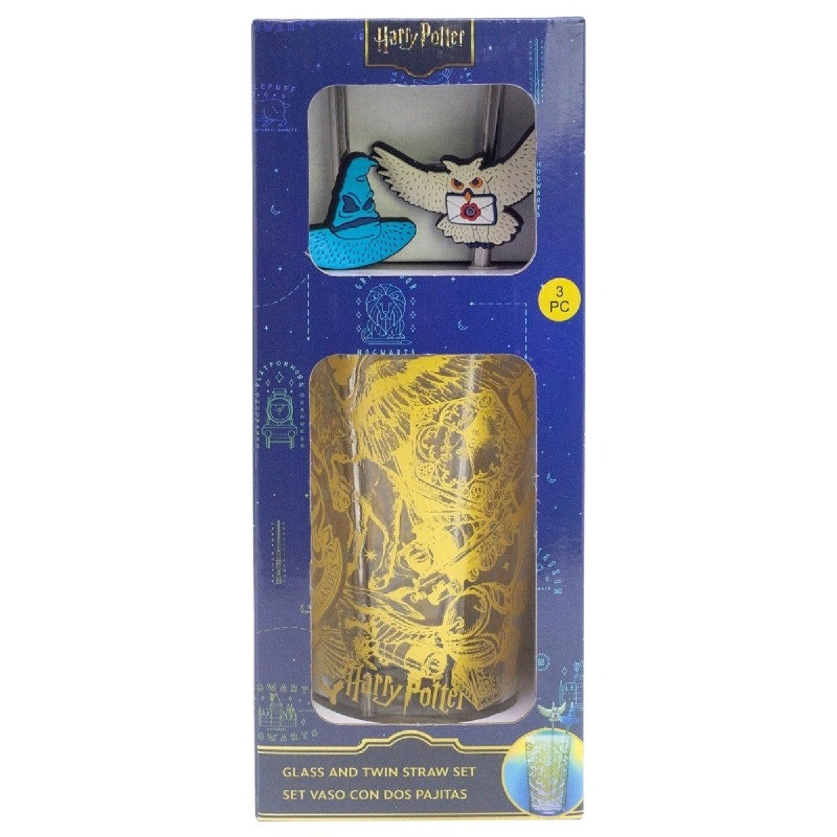 Harry Potter Glas 480 ml mit 2 Edelstahl Trinkhalmen, 3-tlg., Glas