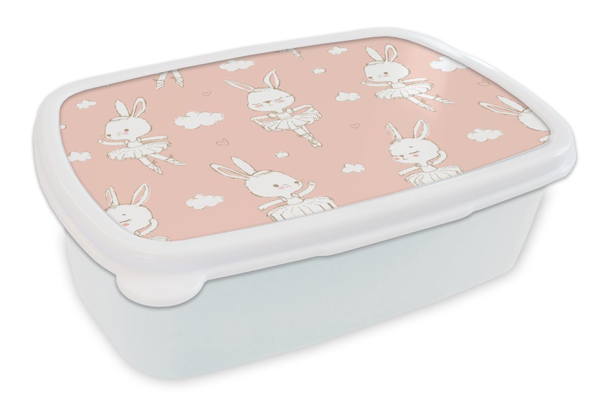 MuchoWow Lunchbox Kaninchen - Ballerina - Schnittmuster, Kunststoff, (2-tlg), Brotbox für Kinder und Erwachsene, Brotdose, für Jungs und Mädchen weiß