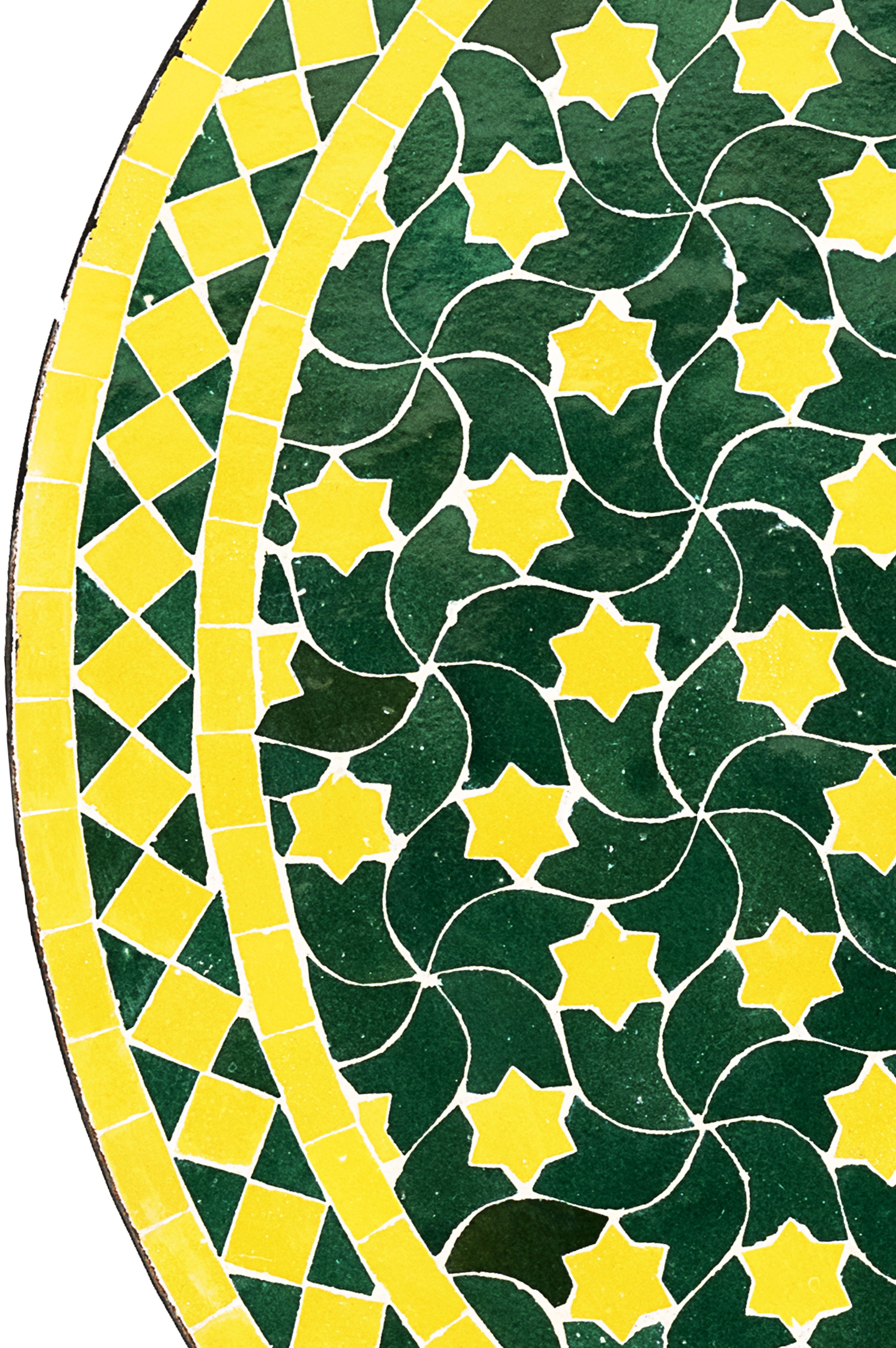 Marrakesch Orient & Mediterran Interior Gartentisch Marokkanischer Mosaiktisch Estrella Grün Gelb ø 80cm, 45cm hoch, Handarbeit