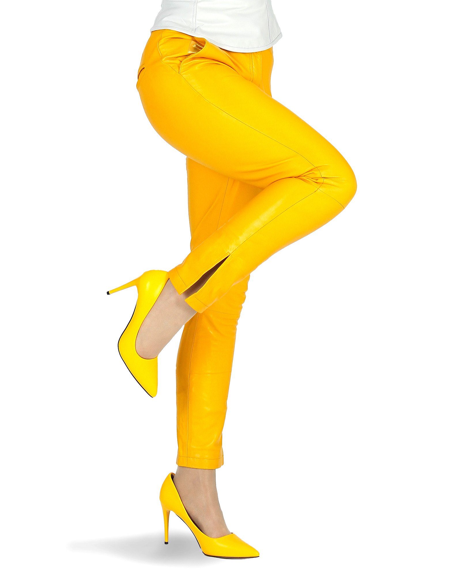 Hosentaschen Schlitz Lamm-Nappa-Leder aus den Beinenden echtem Lederhose Lederhose Gelb Sunny Beinende Röhre geschlitzt Fetish-Design mit an und