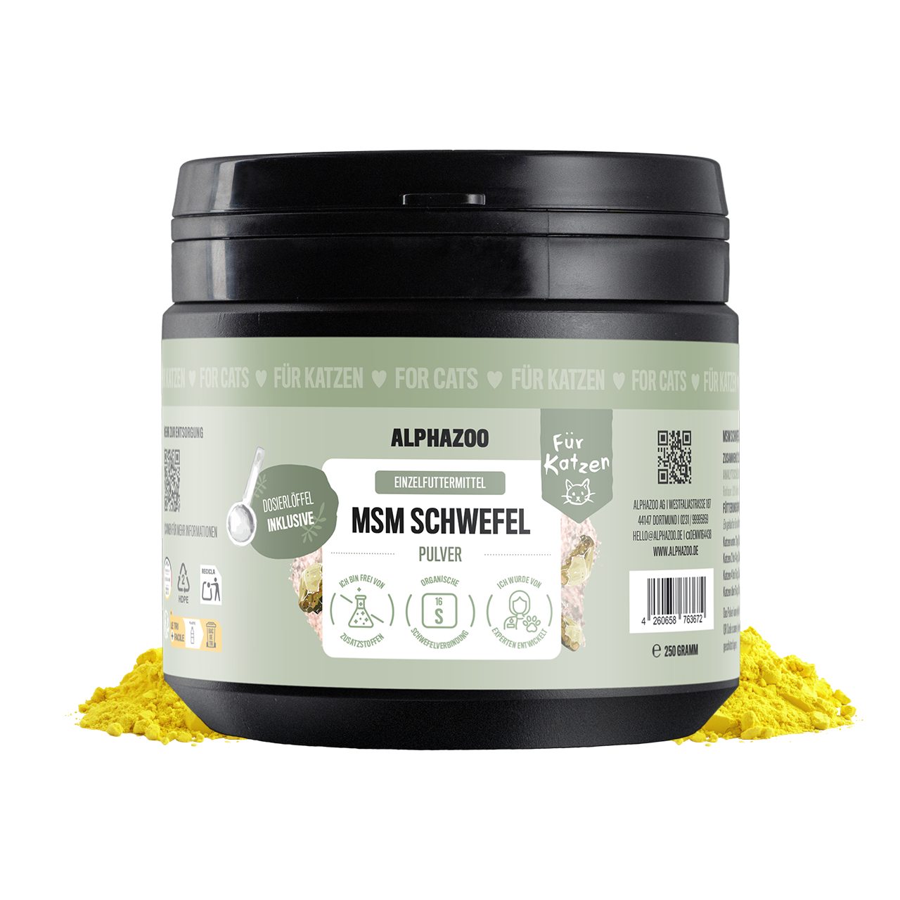 ALPHAZOO MSM Pulver 250g für Katzen 99,9 % organischer Schwefel, Ergänzungsfutter für: Katzen, Methylsulfonylmethan für den Bewegungsapparat