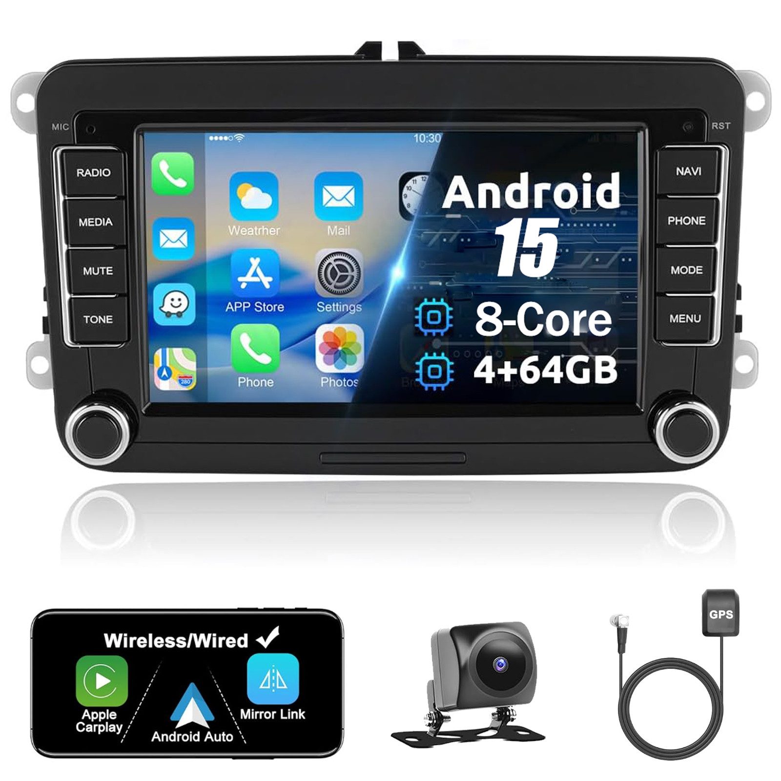 A-Sure 7" 8-Core Android 15 Carplay Für VW Golf 5 6 Passat Touran Caddy Jetta Autoradio (Digitalradio (DAB), FM, AM)