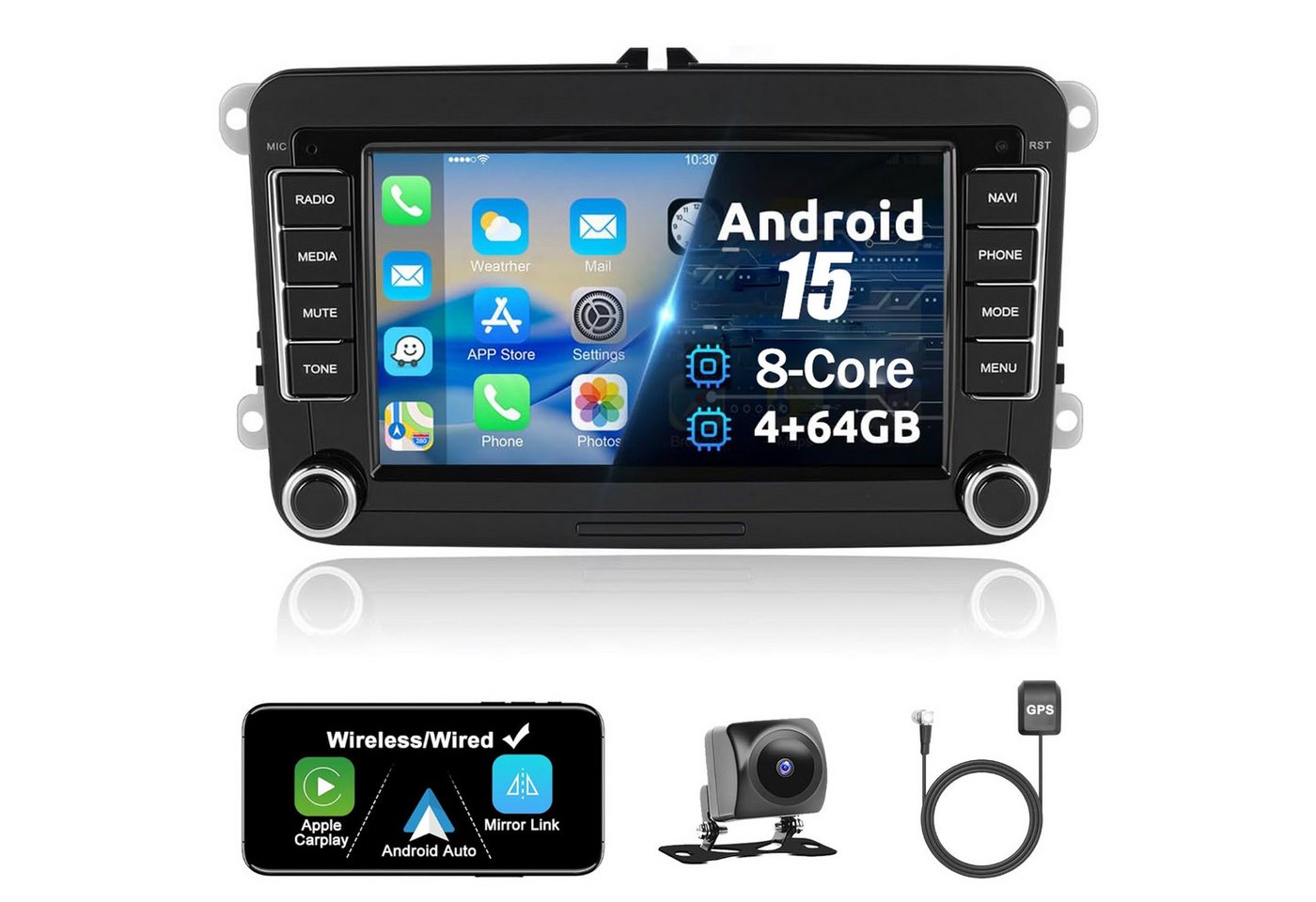 A-Sure 7" 8-Core Android 15 Carplay Für VW Golf 5 6 Passat Touran Caddy Jetta Autoradio (Digitalradio (DAB), FM, AM)