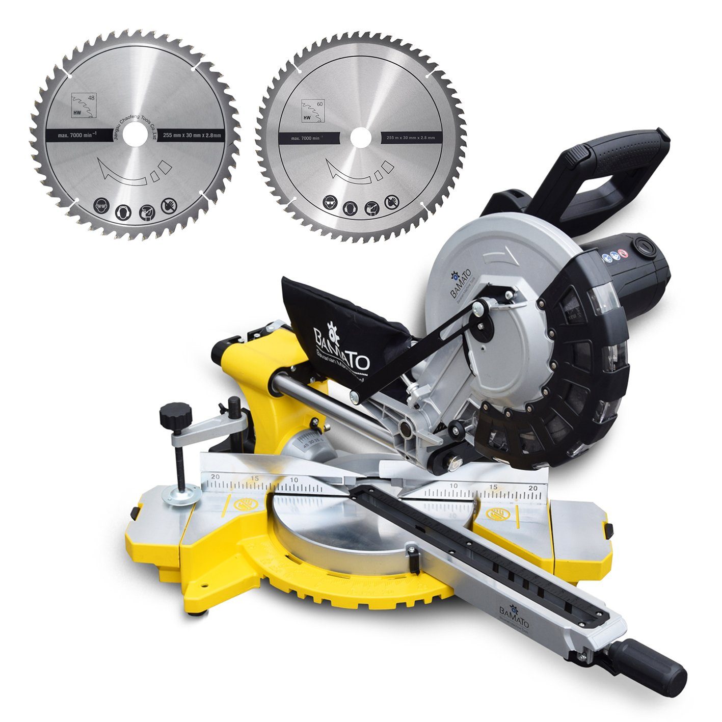 BAMATO Zug-, Kapp- und Gehrungssäge KP-255 Laser 2x HM-Sägeblatt Kappsäge 2000W Zugsäge, 1-St., gummierter Griff, +/- 45° schwenkbar, 45° neigbar, 90mm Schnitthöhe