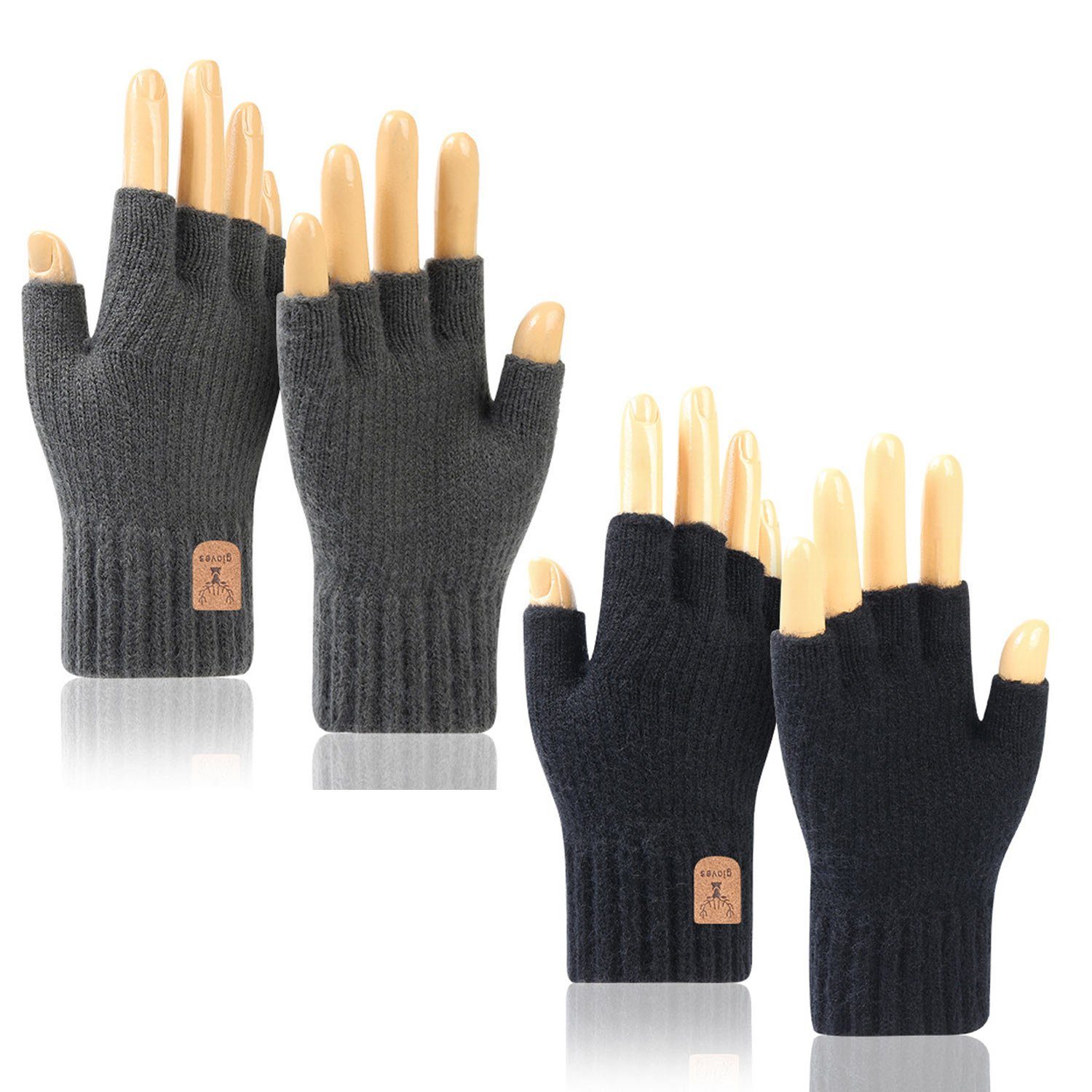 Daisred Strickhandschuhe 2 Paar Damen Warm WinterhandschuheTouchscreen Handschuhe Schwarz+Grau