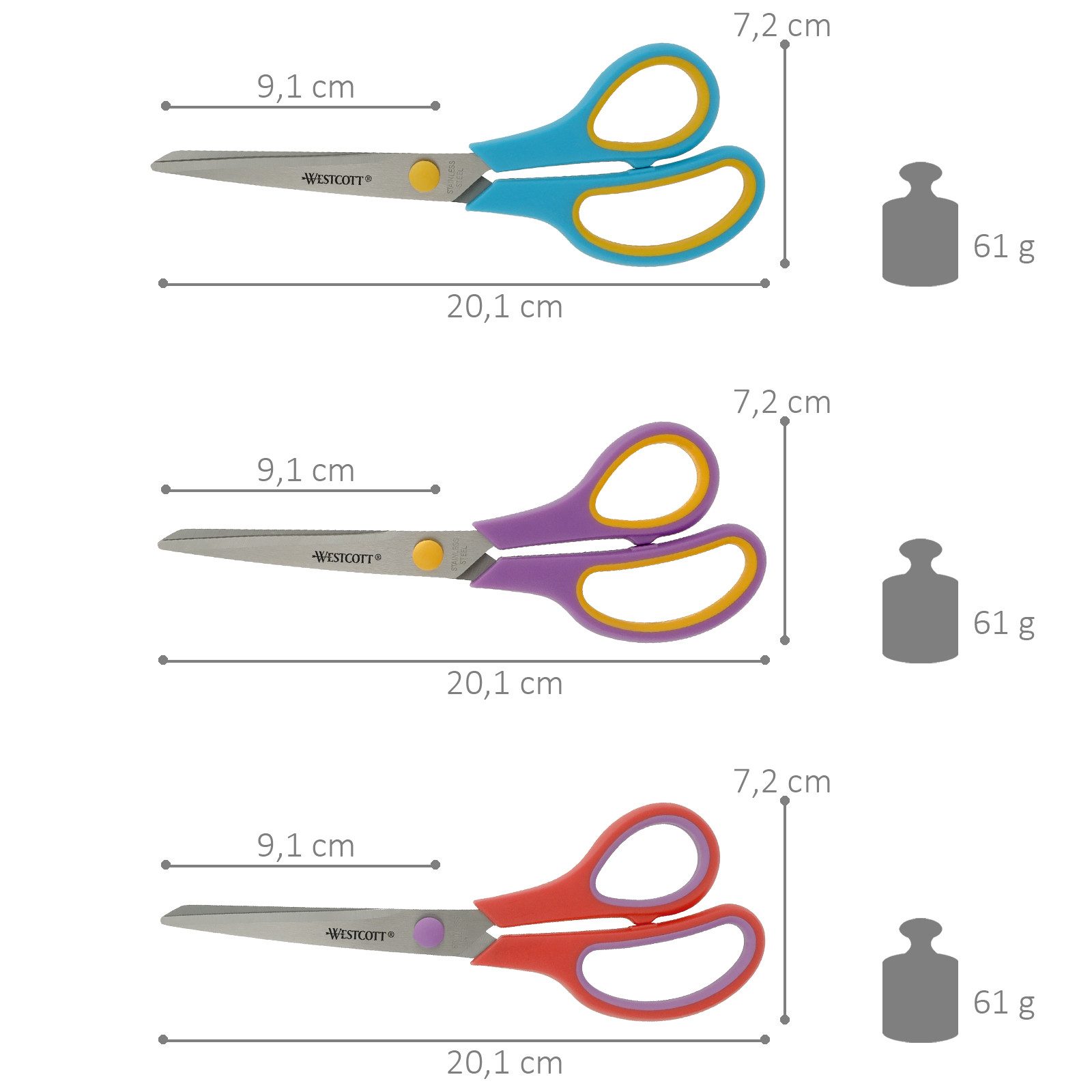 WESTCOTT Scheren-Set Easy Grip Scheren 3 Stück, Universalscheren 20,1cm mit Komfort-Griff, (Vorteilspack, 3-tlg), Extrascharfe & langlebige Edelstahlklinge