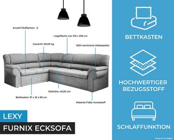 Furnix Ecksofa LEXY Sofa mit Schlaffunktion Bettkasten extra hoch 8 Farben, für Senioren geeignet, komfortable Rückenlehne