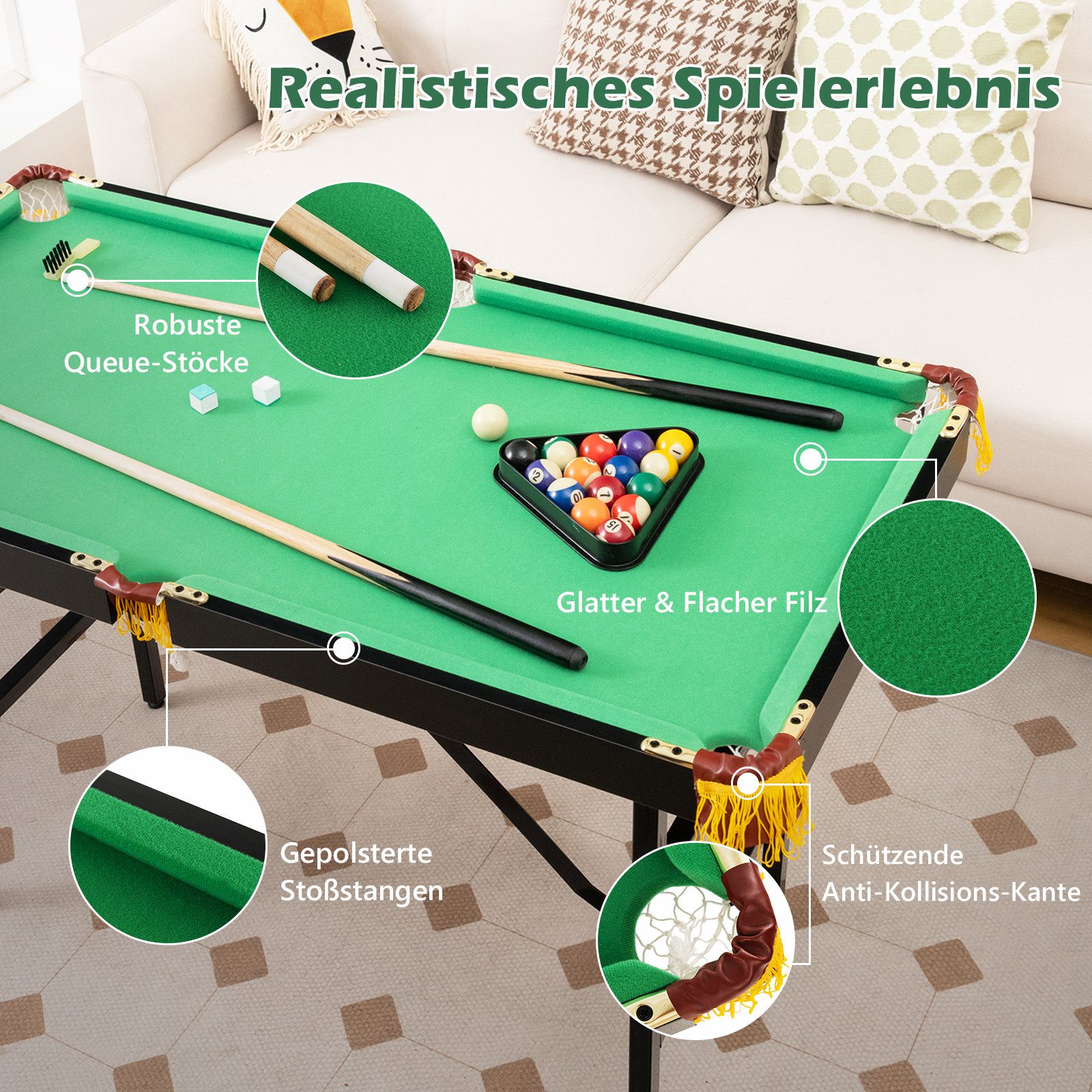 COSTWAY Billardtisch, 122cm klappbar Spieltisch mit 2 Queue, Kugelset