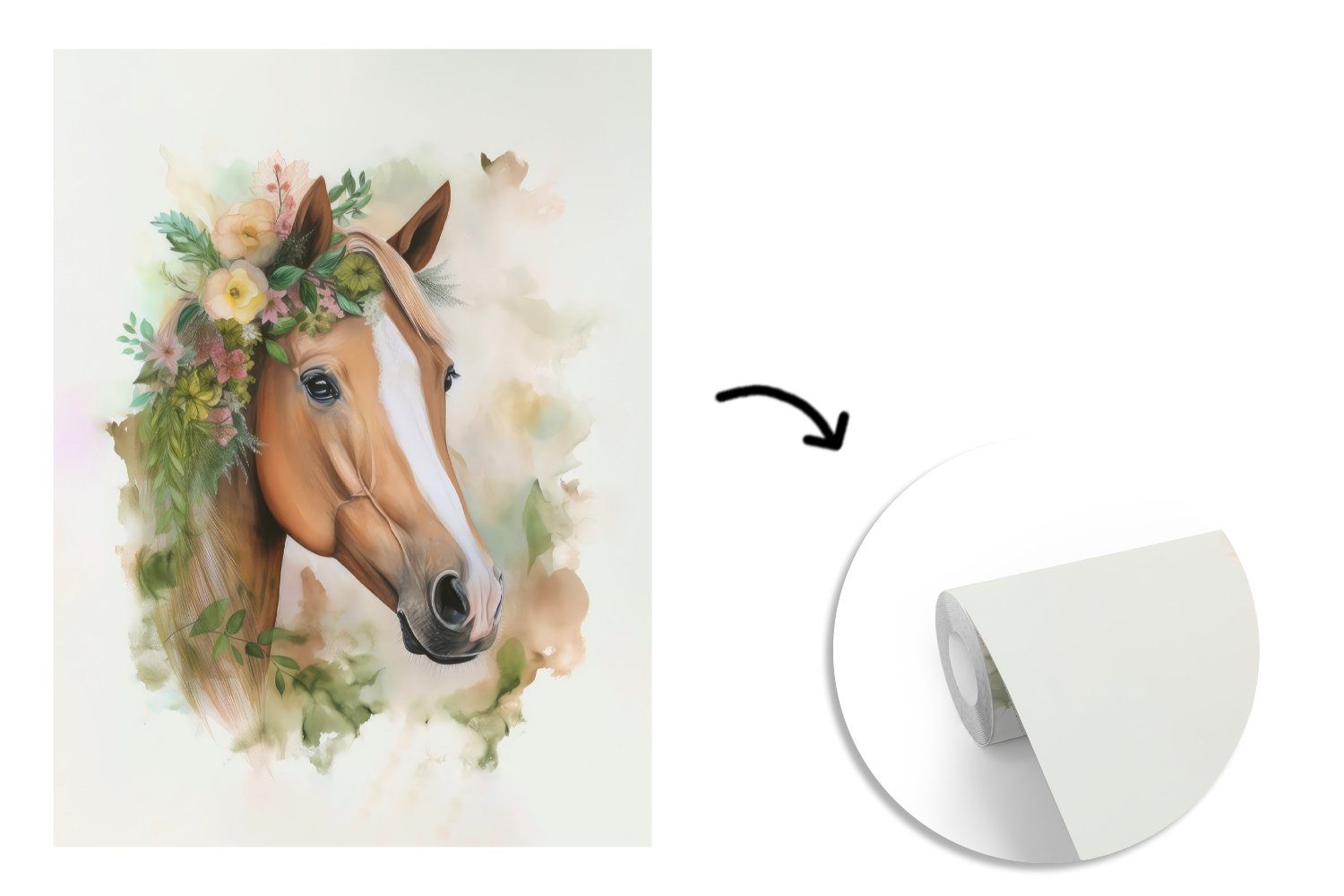 MuchoWow Tiere, - Aquarell Pferd Tapete (4 bedruckt, Fototapete für - St), Blumen Natur Vinyl - Wohnzimmer, Wandtapete Matt, Montagefertig -