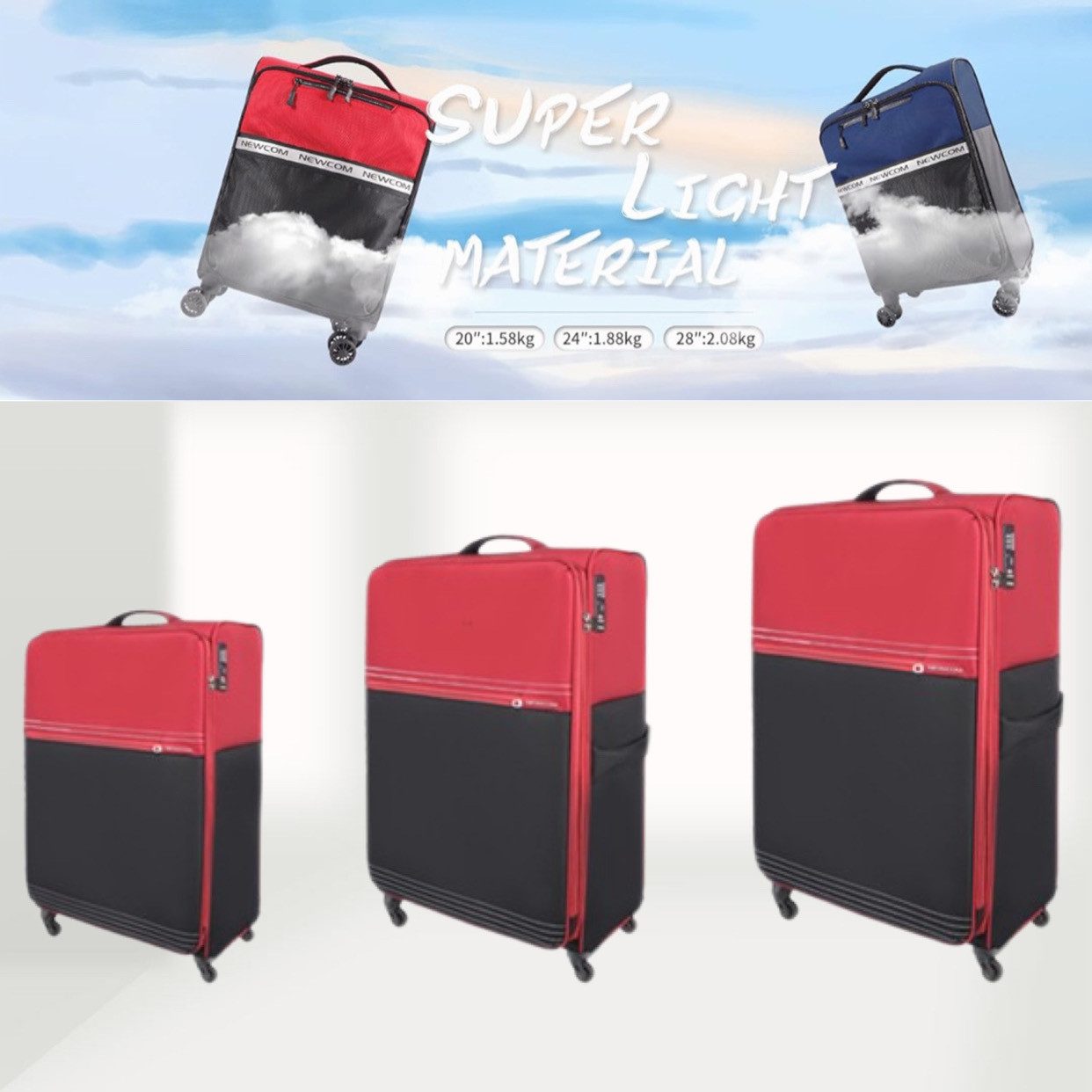 NEWCOM Weichgepäck-Trolley Design Stoffkoffer / Reisekoffer / Weichschalenkoffer, 4 Rollen, 20 Zoll, Rot, Super Leicht, Haltbar Weichgepäck