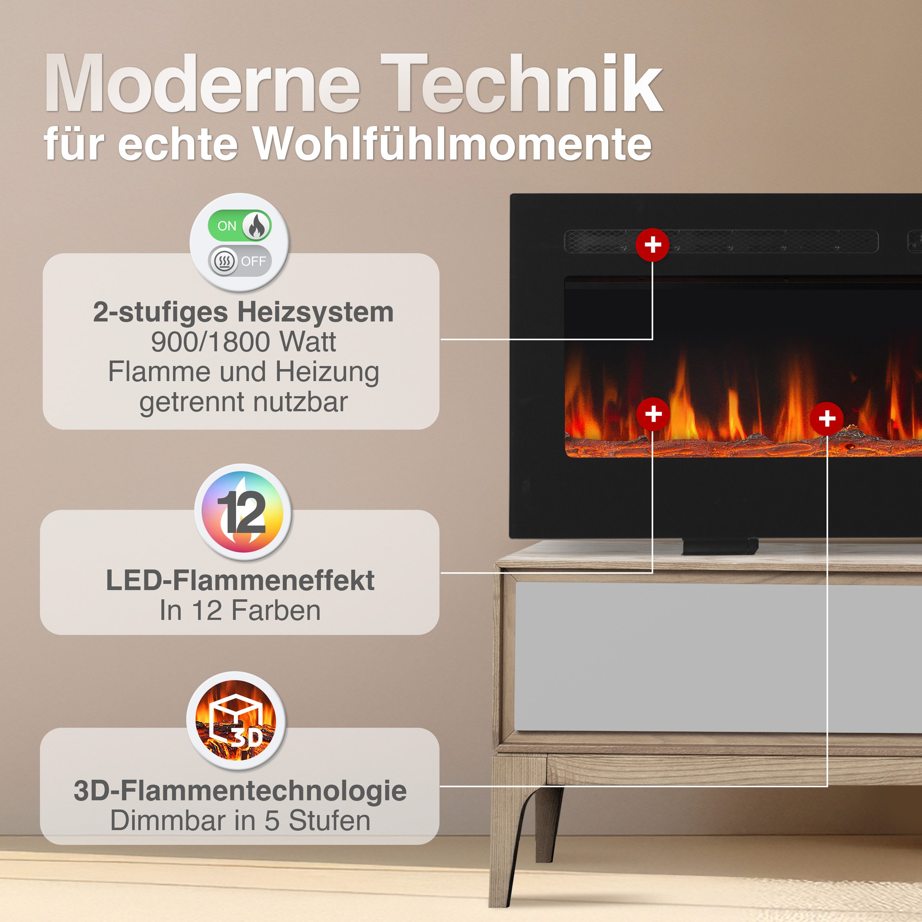 KAMINIO Elektrokamin MARLON, 3in1 Kamin: Elektrischer Stand-, Wand- und Einbaukamin, Heizung 1800W