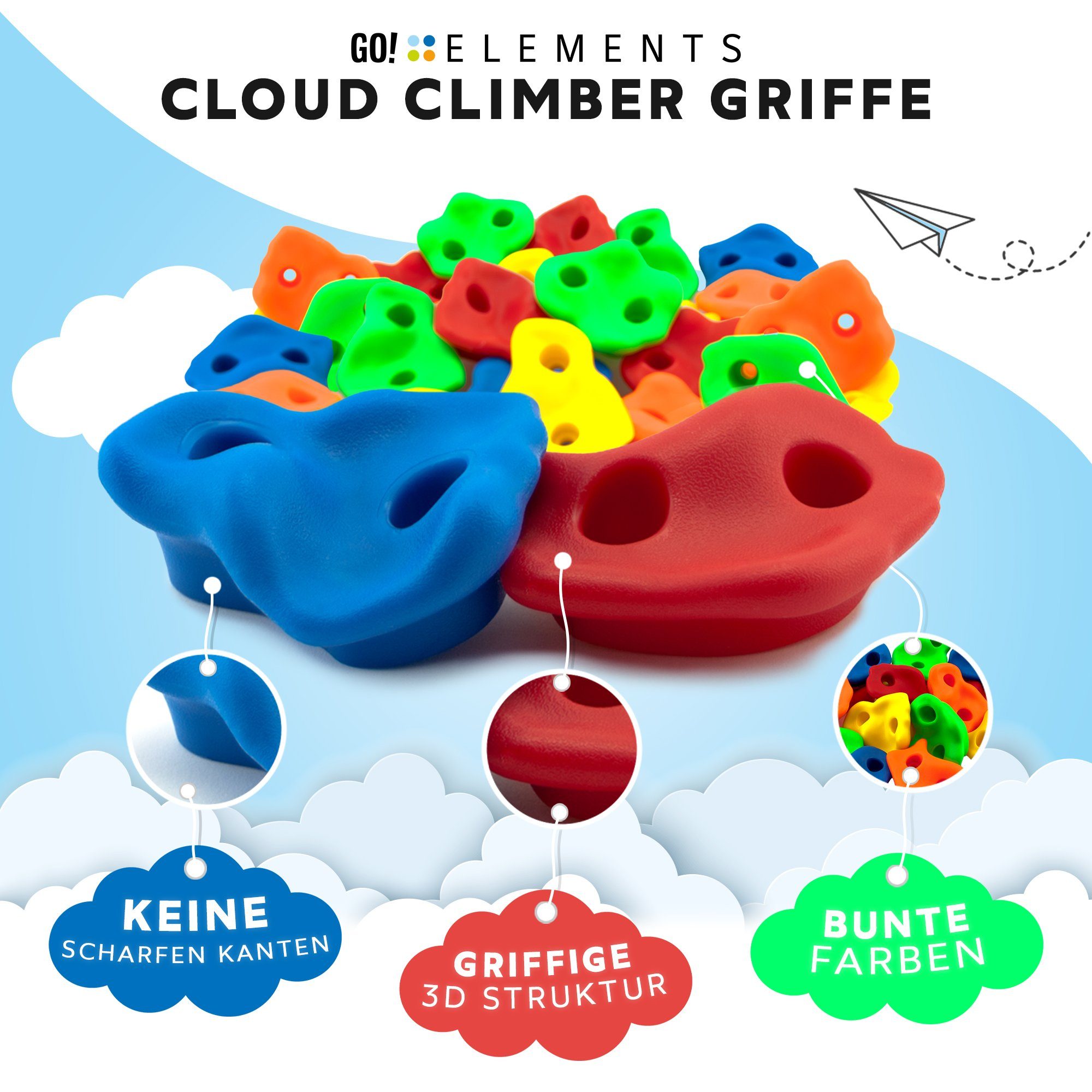 GO!elements Klettergriff Cloud Climber (15 Set), Klettergriffe Kinder Set Outdoor inkl. Befestigungsmaterial - Indoor Klettersteine für Kletterwand - Kids Bouldersteine bunt für Spielturm mit Schrauben