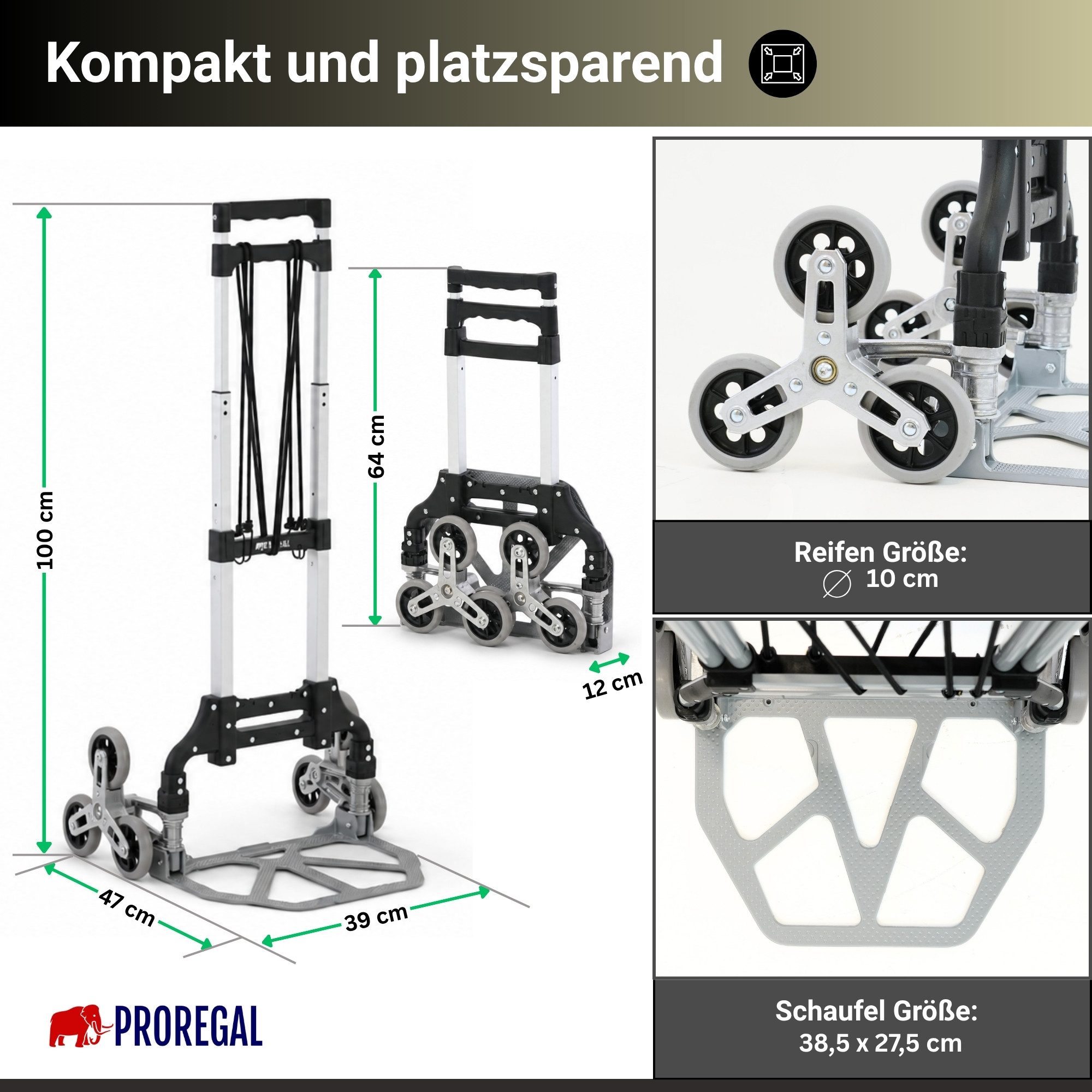 PROREGAL® Sackkarre ELEPHANT mit Profi-Alu-Rahmen klappbar ergonomisch Vollgummibereifung, Klappbare Sackkarre Transportkarre Staplerkarre hohe Traglast – Bild 5 von 5