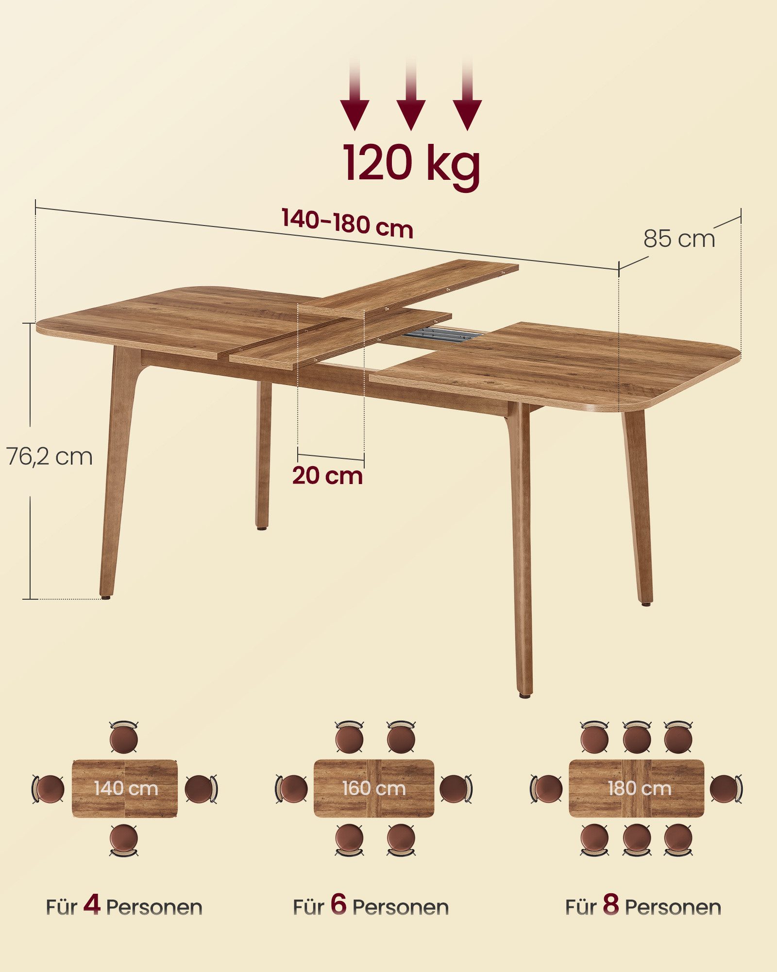 VASAGLE Esstisch Ausziehbarer Ess- und Küchentisch, mit erweiterbarer Tischplatte, 120 kg belastbar, schlichtes Design