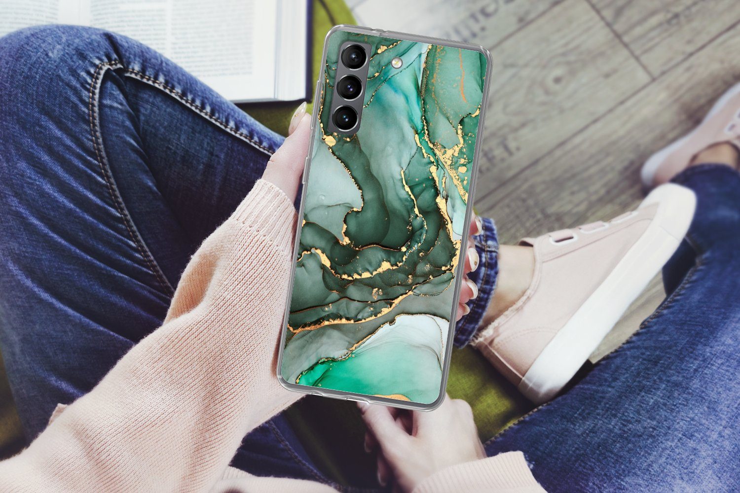 MuchoWow Handyhülle für Samsung Galaxy S21 Plus Gold - Marmor - Grün - Luxus - Marmoroptik, Phone Case, Silikon, Schutzhülle Dünn