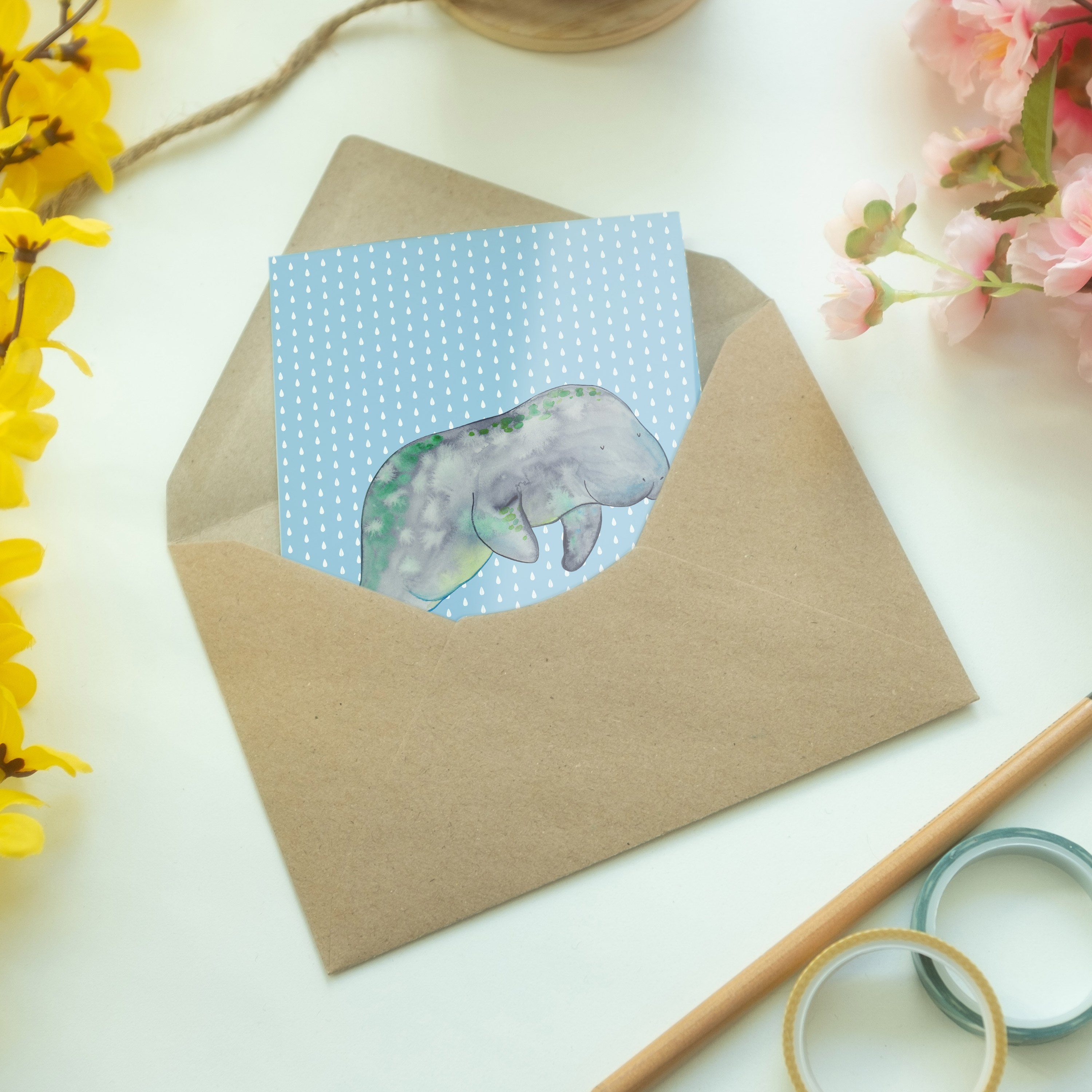 Panda - Glückwunschkarte Pastell Grußkarte & Geschenk, Mr. Klappkarte, Seekuh chillt - Mrs. Blau