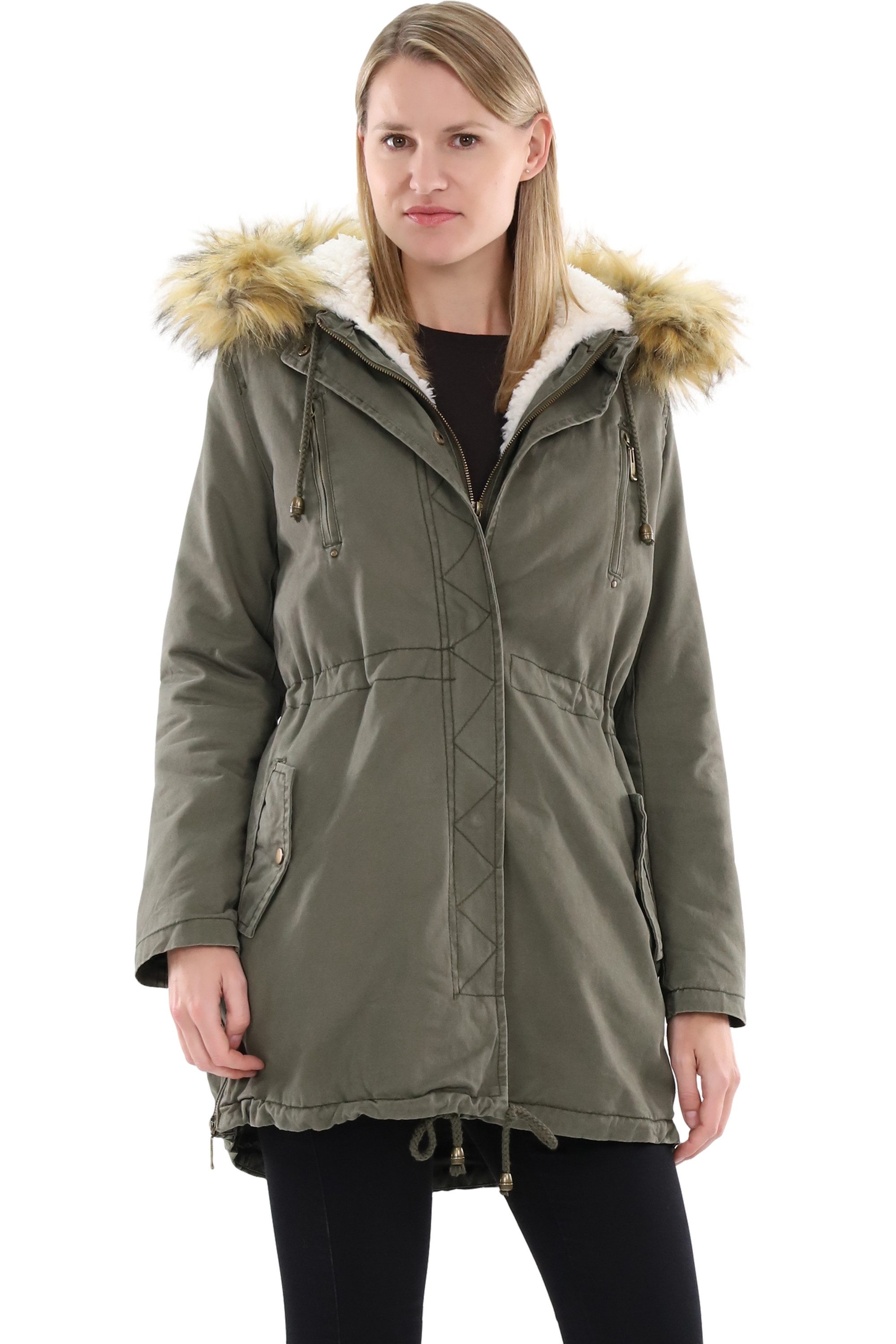 Parka malito Damen Parka mit Kapuze, Winterjacke mit Kunstfell, gefütterte
