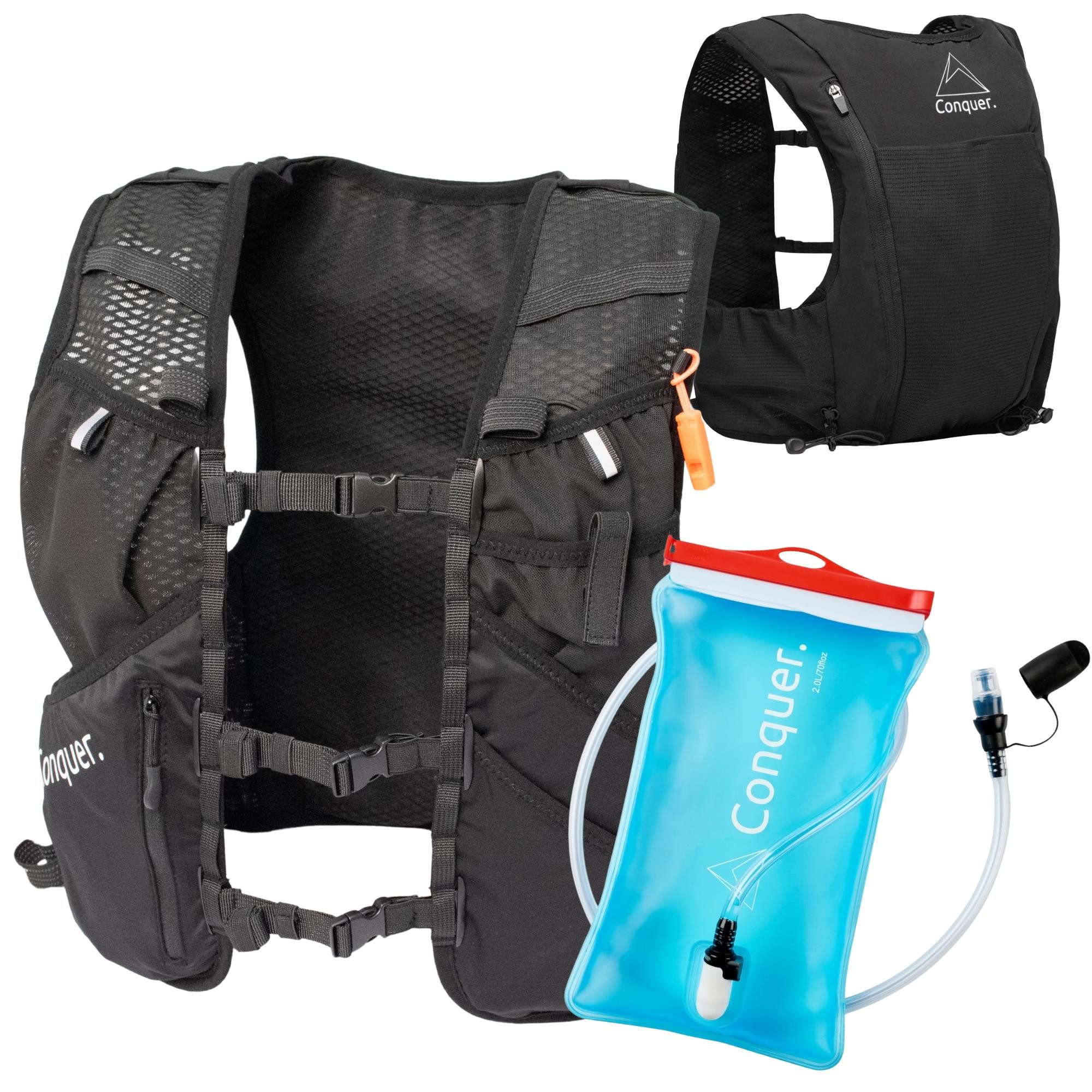 Conquer. Trinkrucksack 5L Damen & Herren – Ultraleichte Laufweste, Laufrucksack, Kangoroofach, Fronttaschen, Reißverschlussfach