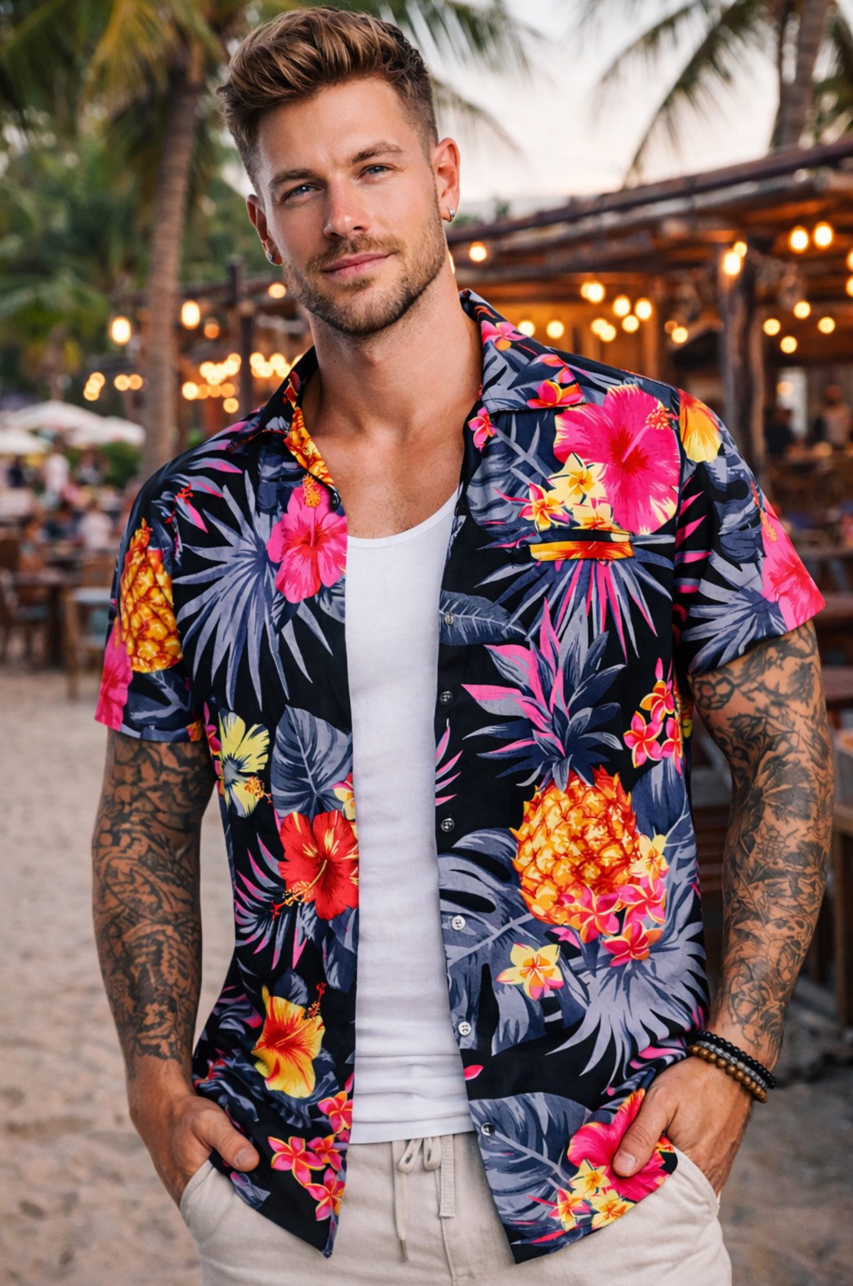 King Kameha Hawaiihemd "Pineapple" Funky Hawaii-Hemd Herren Kurzarm Front-Tasche Stylish