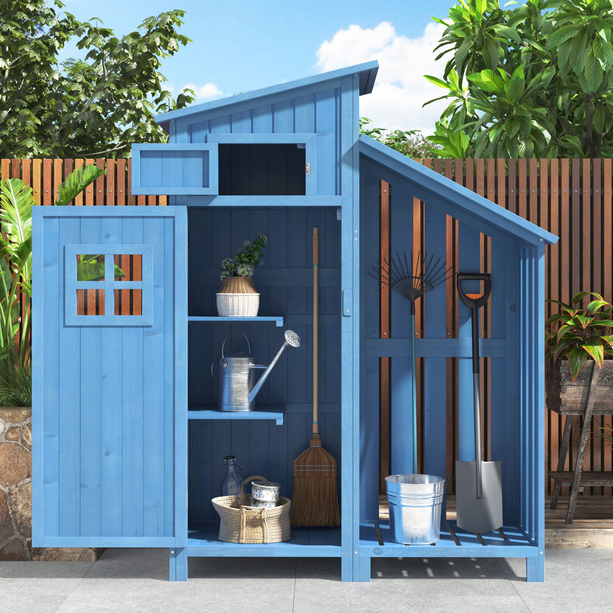 CHICFURN Gerätehaus Gartenschrank aus Holz, Geräteschrank mit Stauraum, BxT: 124,50x46,00 cm, (Packung, 1 St), 124×46×174 cm, Blau